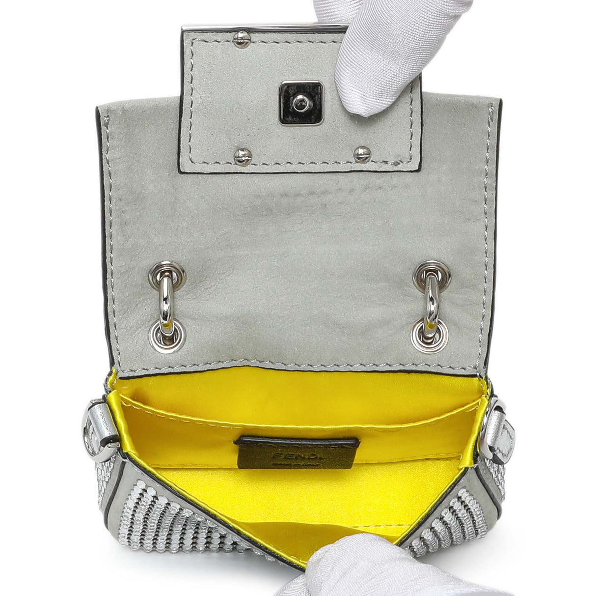 Fendi Grey Nubuck Crystal Nano Baguette Charm Handbags Fendi