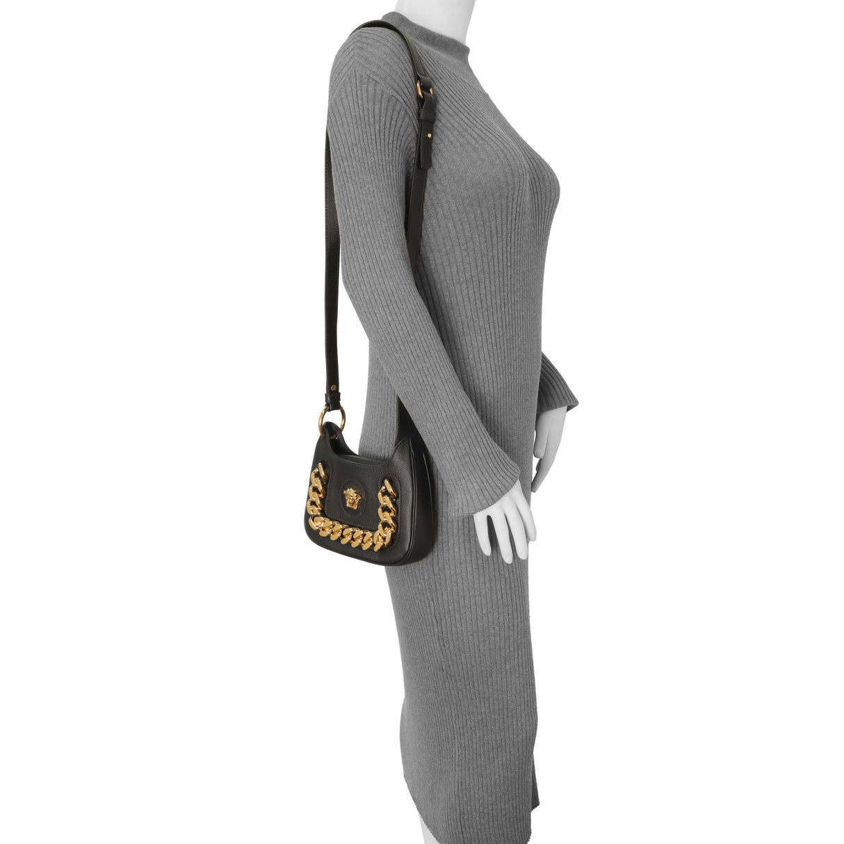 Versace Black Calfskin La Medusa Mini Chain Hobo Handbags Versace