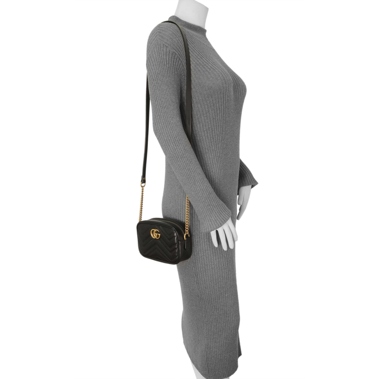 Gucci Black Calfskin Matelasse Mini GG Marmont Chain Shoulder Bag Handbags Gucci