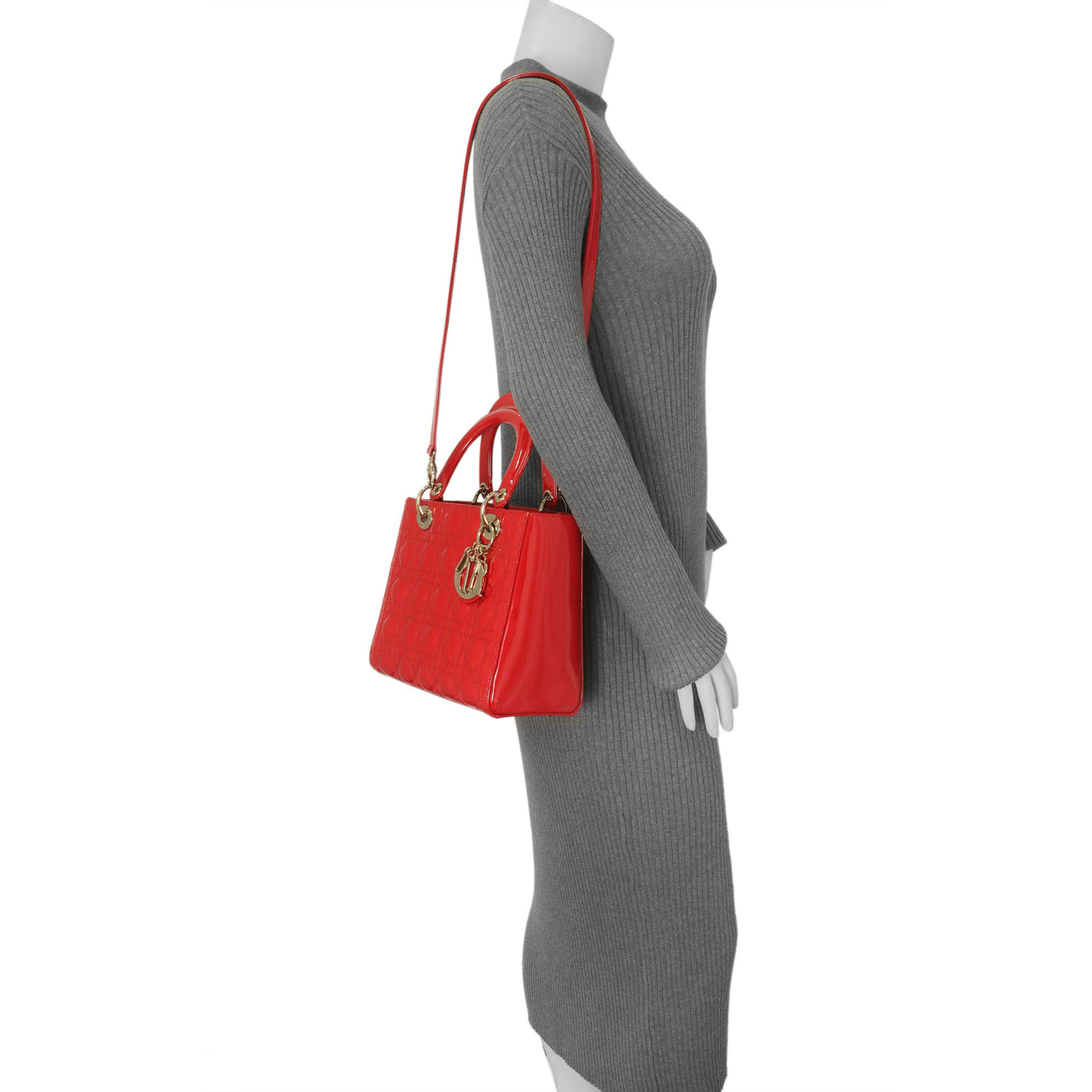 Christian Dior Red Patent Cannage Medium Lady Dior Handbags Christian Dior