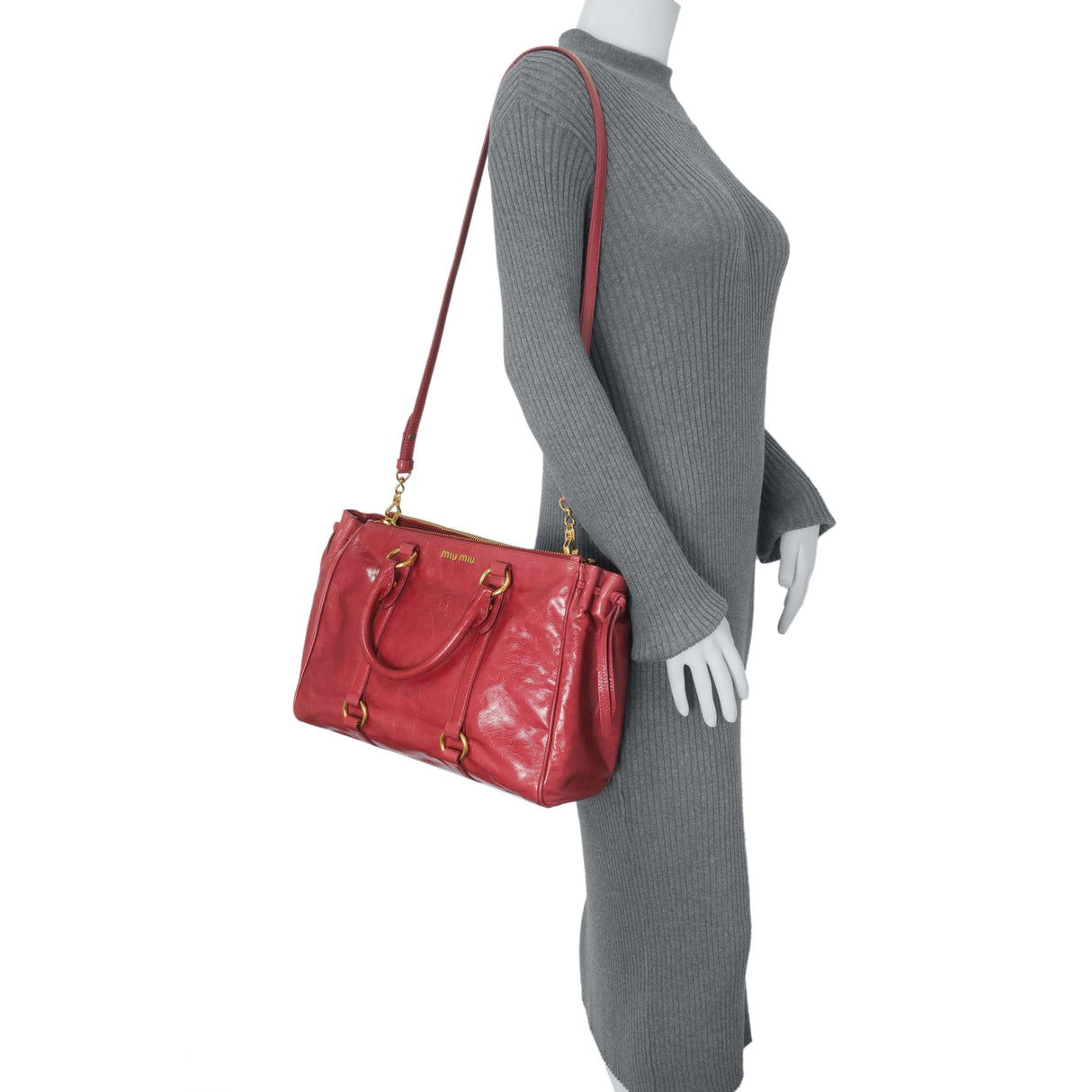 Miu Miu Pink Vitello Shine Double Zip Tote Handbags Miu Miu