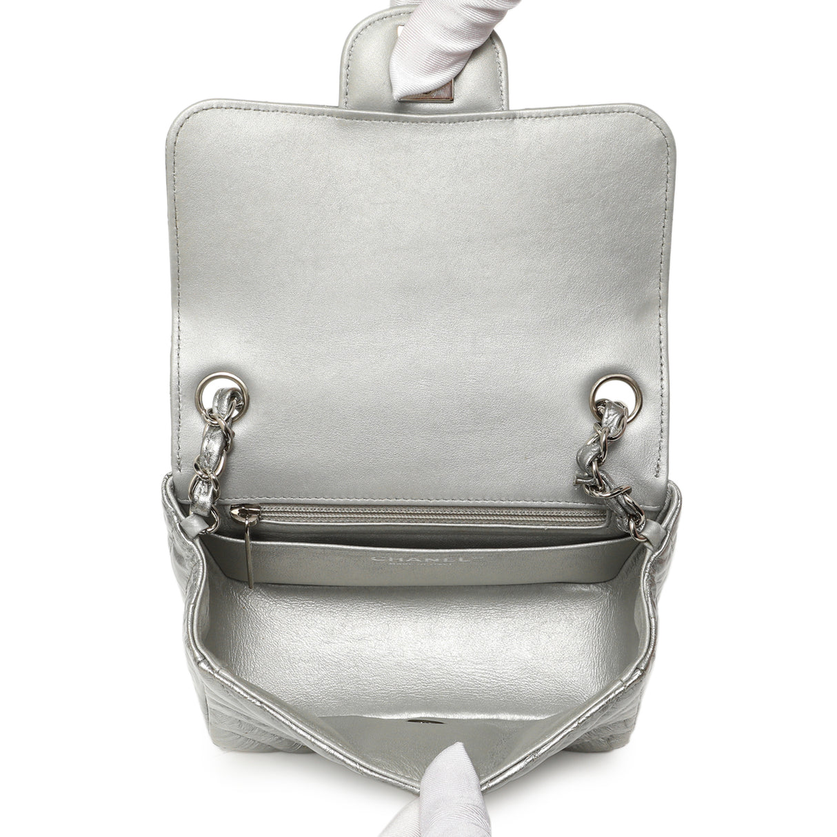 Chanel Silver Metallic Patent Crumpled Calfskin Chevron Quilted Mini Square Flap Handbags Chanel