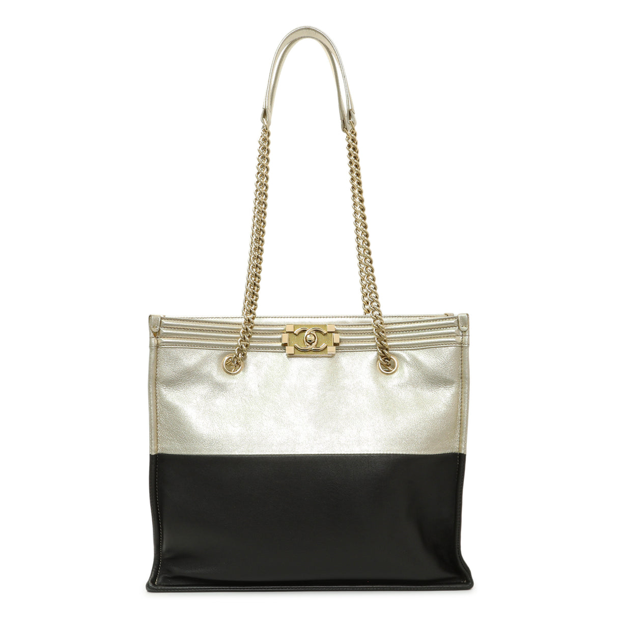 Chanel Metallic Gold Black Goatskin Boy Shopping Tote Handbags Chanel