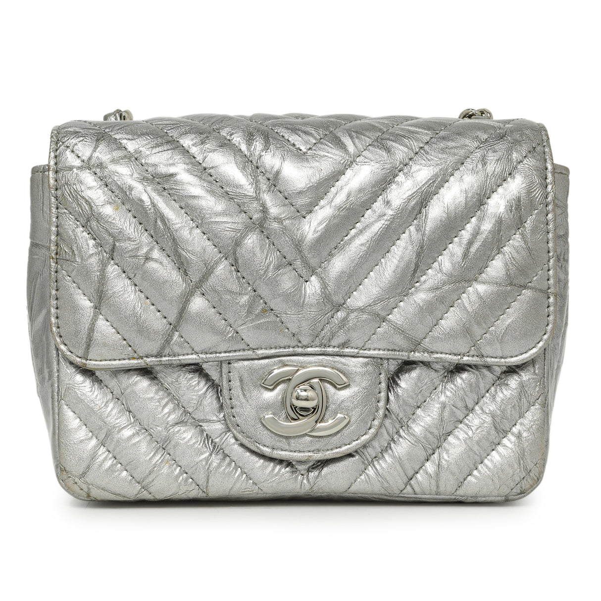 Chanel Silver Metallic Patent Crumpled Calfskin Chevron Quilted Mini Square Flap Handbags Chanel