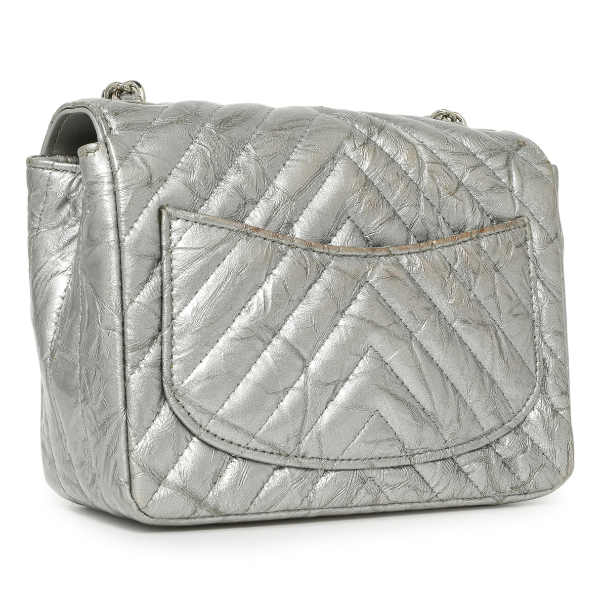 Chanel Silver Metallic Patent Crumpled Calfskin Chevron Quilted Mini Square Flap Handbags Chanel