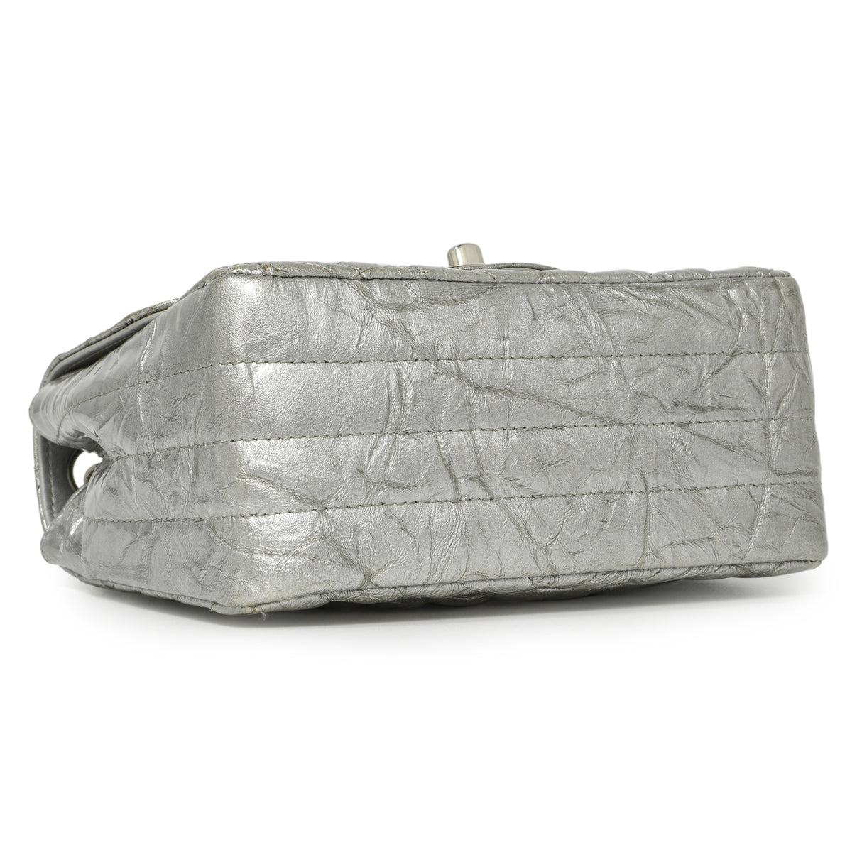 Chanel Silver Metallic Patent Crumpled Calfskin Chevron Quilted Mini Square Flap Handbags Chanel