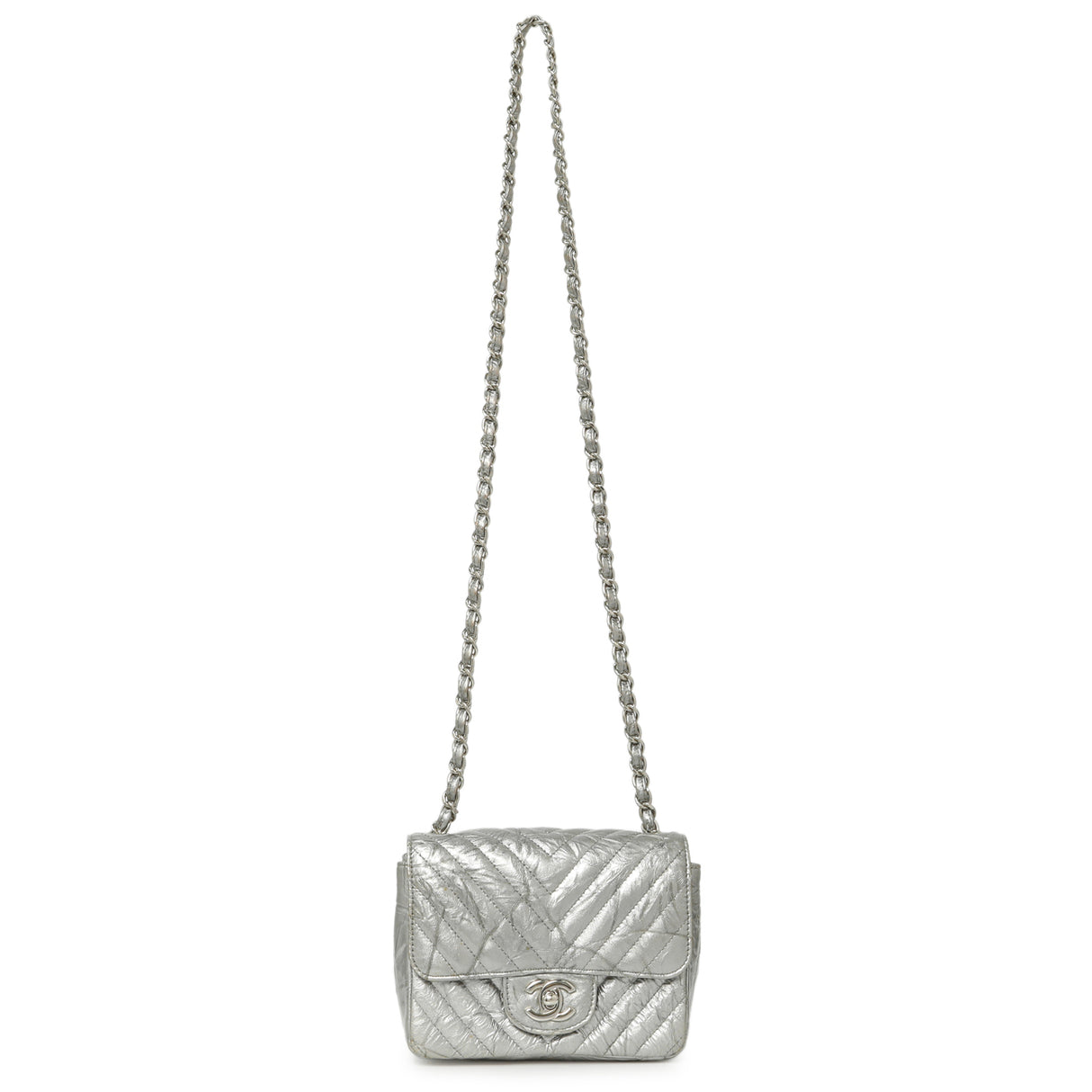 Chanel Silver Metallic Patent Crumpled Calfskin Chevron Quilted Mini Square Flap Handbags Chanel