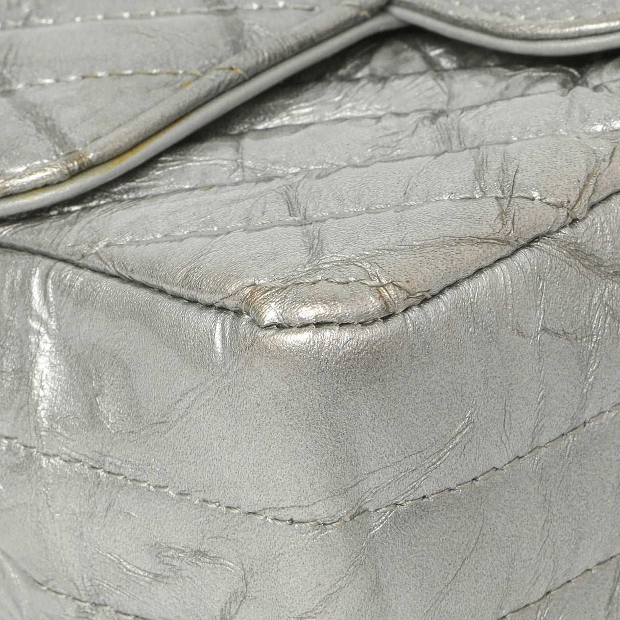 Chanel Silver Metallic Patent Crumpled Calfskin Chevron Quilted Mini Square Flap Handbags Chanel