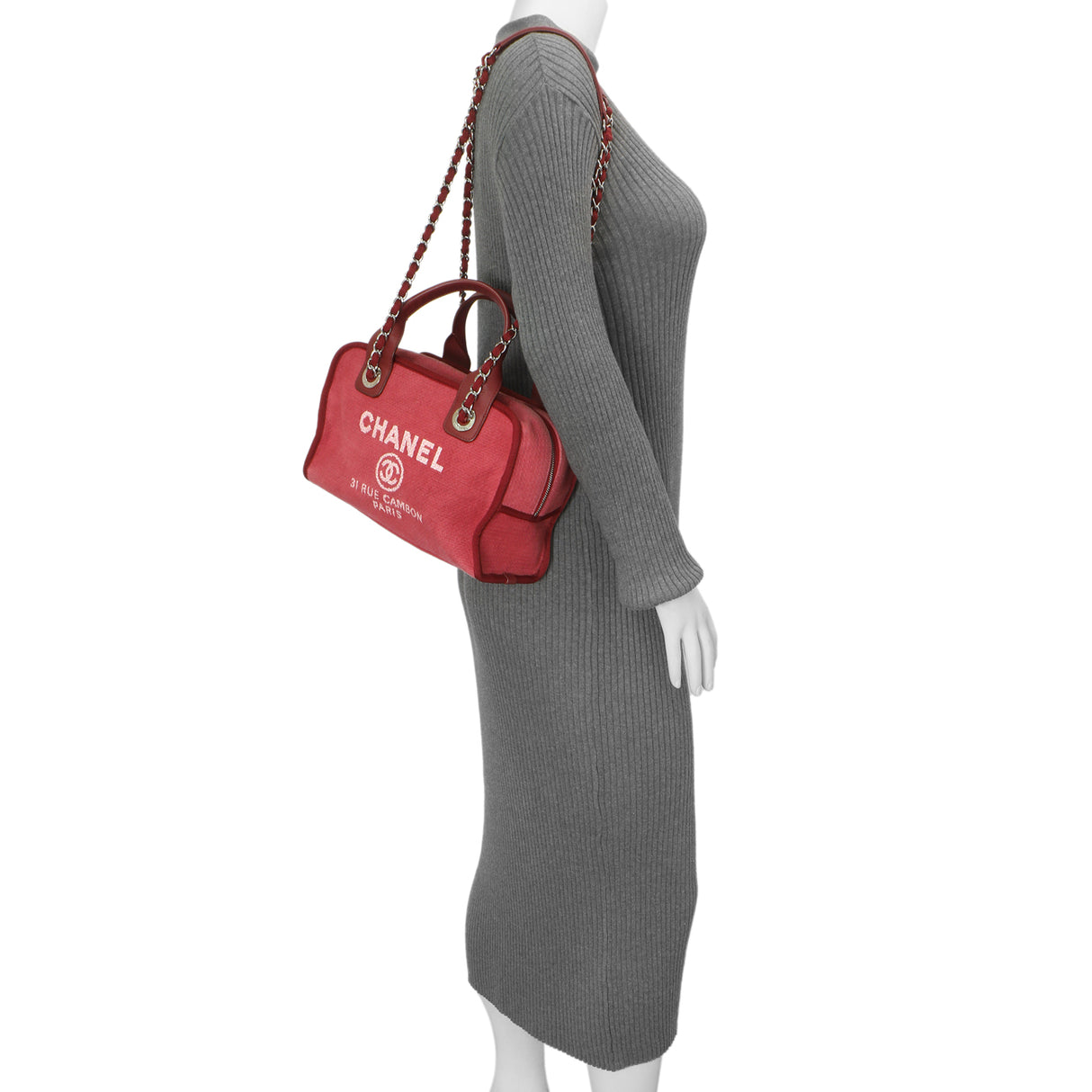 Chanel Red Canvas Deauville Bowling Bag Handbags Chanel