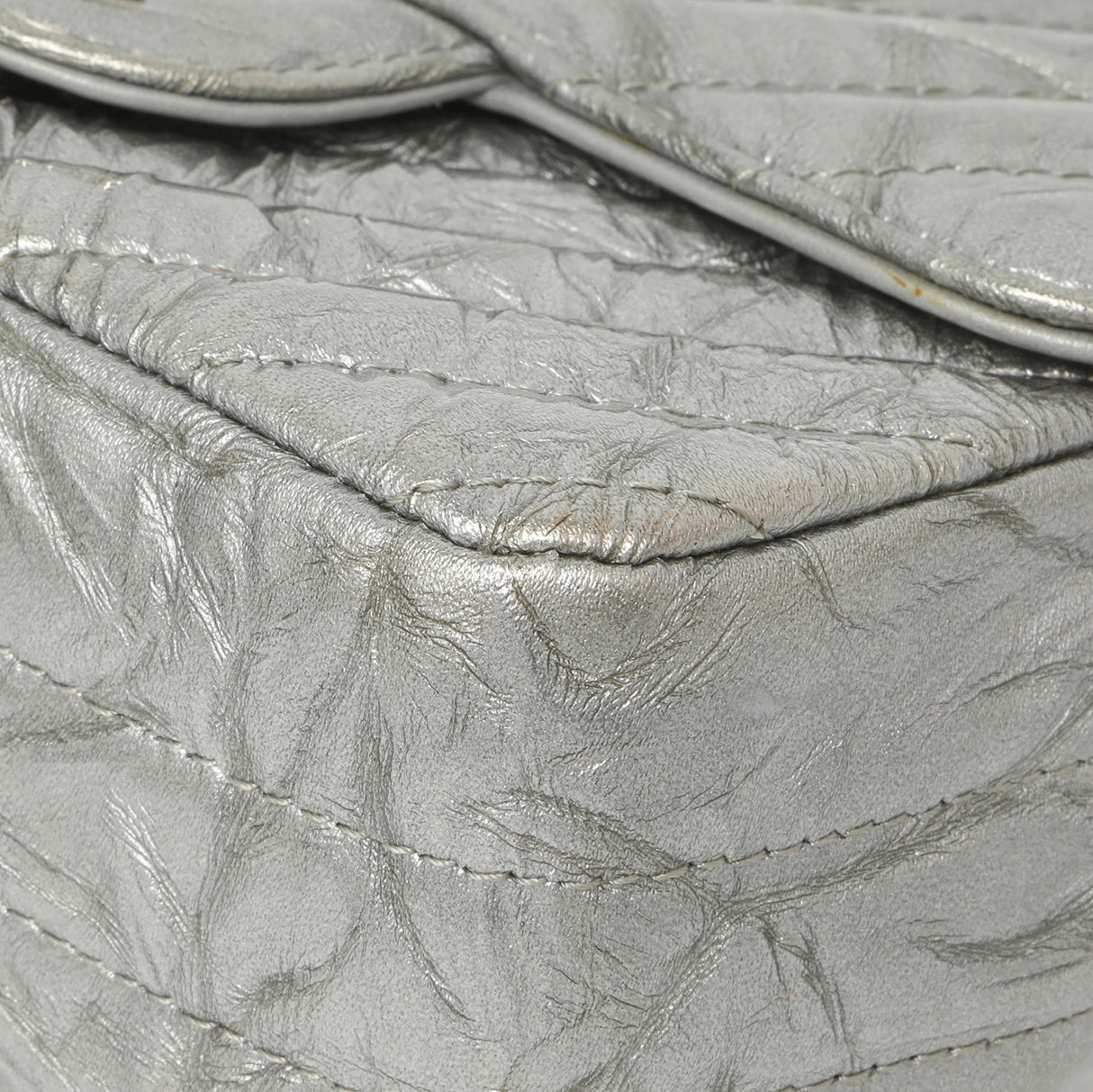 Chanel Silver Metallic Patent Crumpled Calfskin Chevron Quilted Mini Square Flap Handbags Chanel