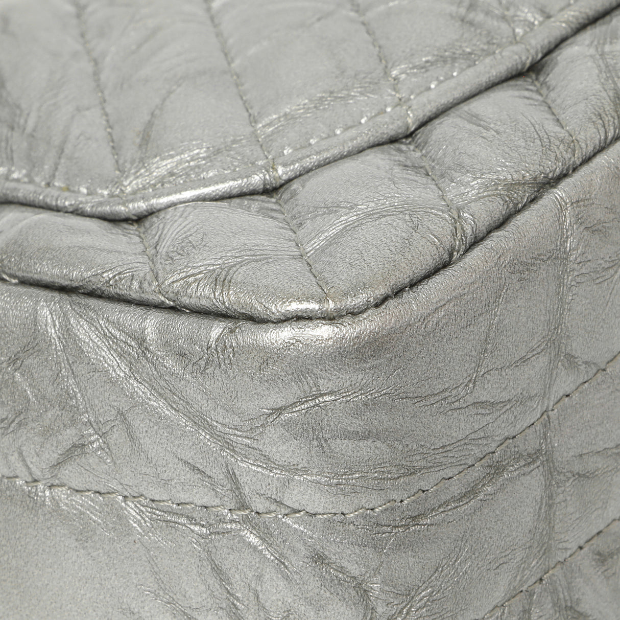 Chanel Silver Metallic Patent Crumpled Calfskin Chevron Quilted Mini Square Flap Handbags Chanel