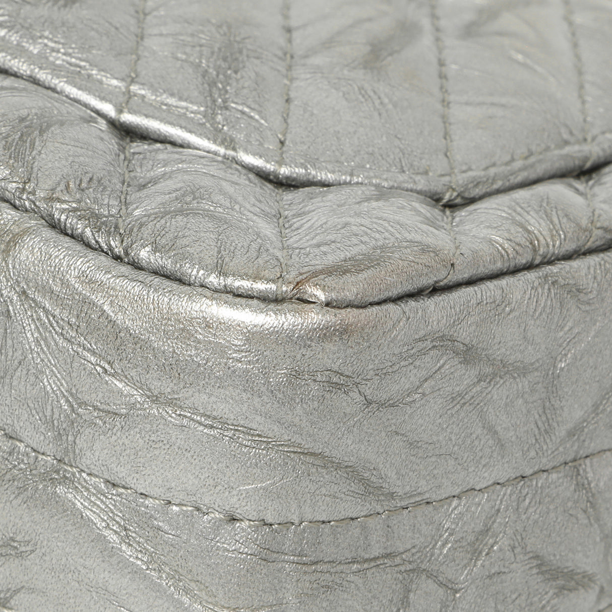 Chanel Silver Metallic Patent Crumpled Calfskin Chevron Quilted Mini Square Flap Handbags Chanel