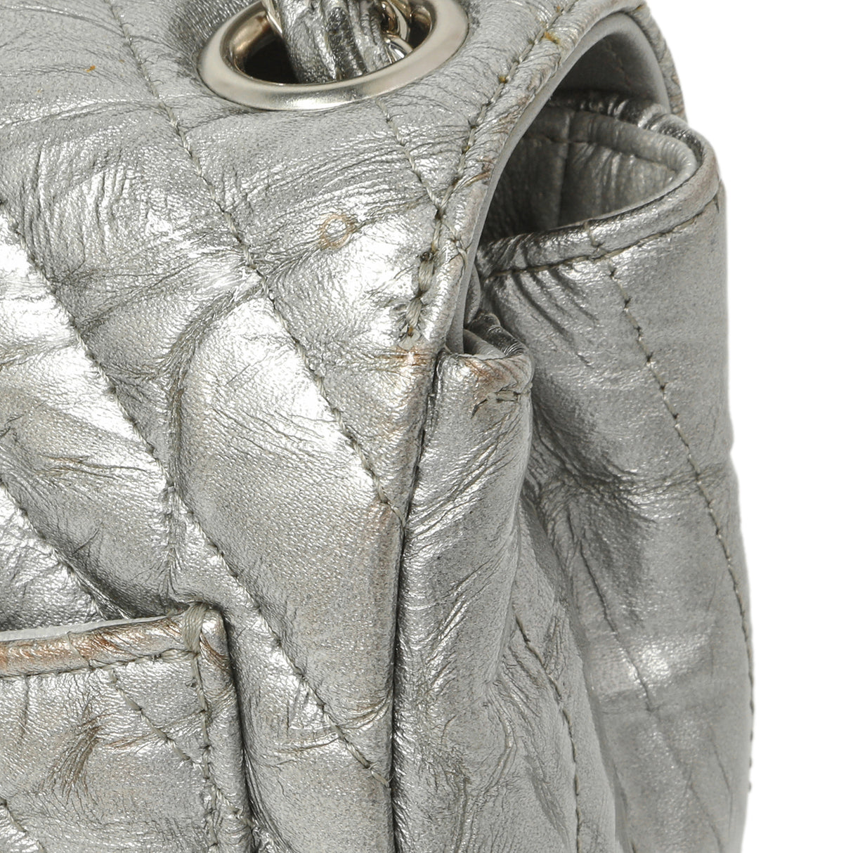 Chanel Silver Metallic Patent Crumpled Calfskin Chevron Quilted Mini Square Flap Handbags Chanel