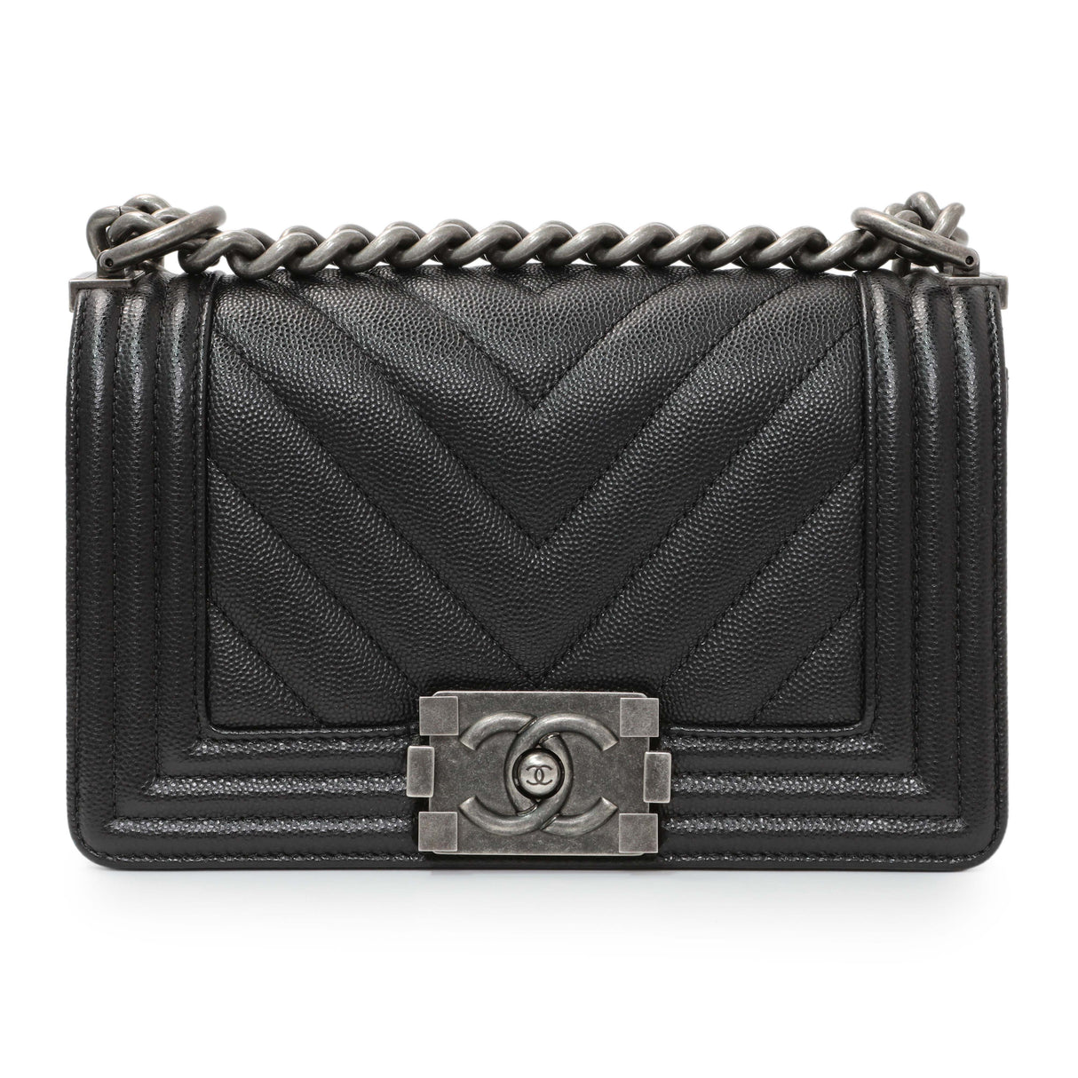 Chanel Black Chevron Quilted Caviar Small Boy Flap Handbags Chanel