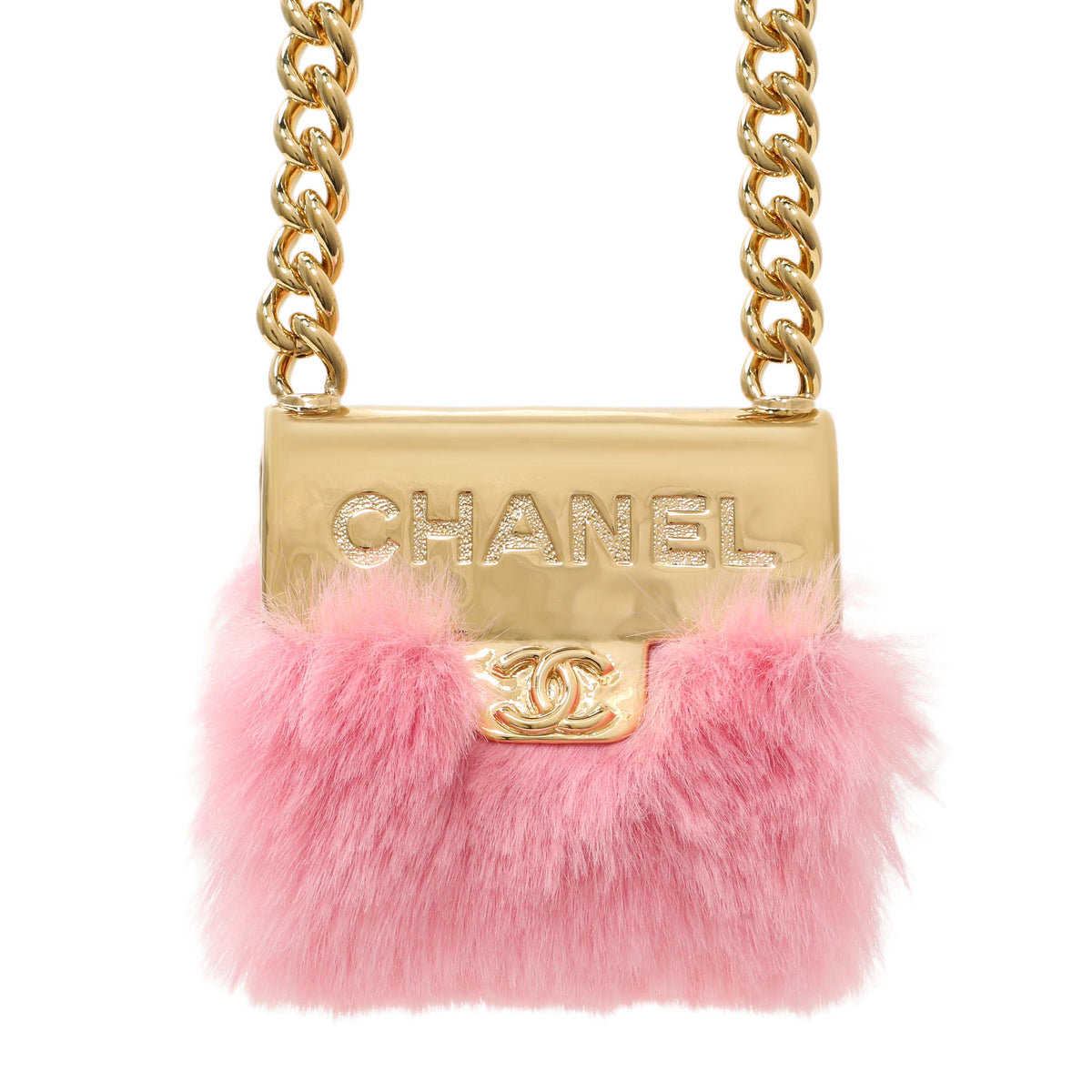 Chanel Pink and Gold Metal Fur Flap Bag Long Necklace Designer Jewellery Chanel