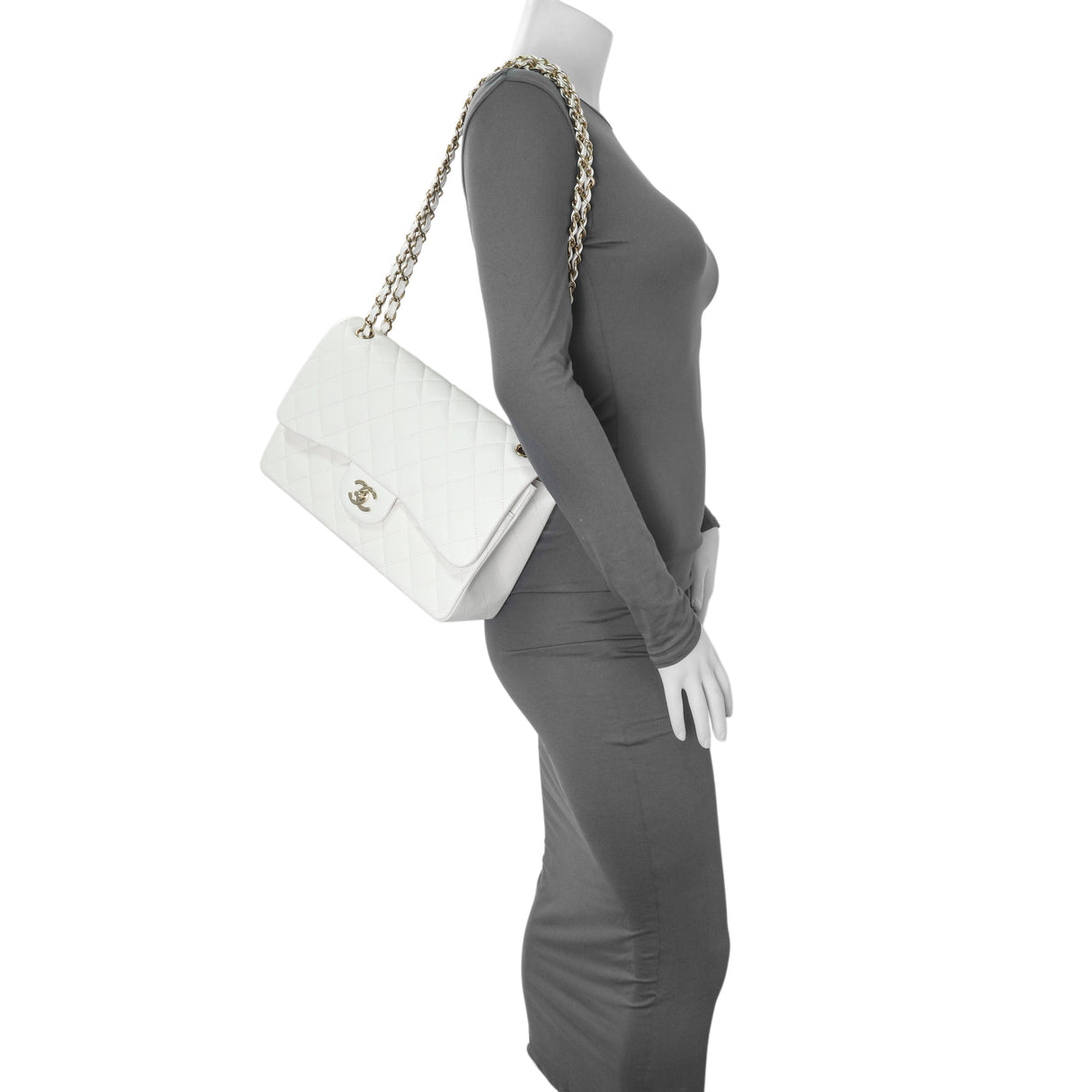 Chanel White Quilted Caviar Jumbo Double Flap Handbags Chanel