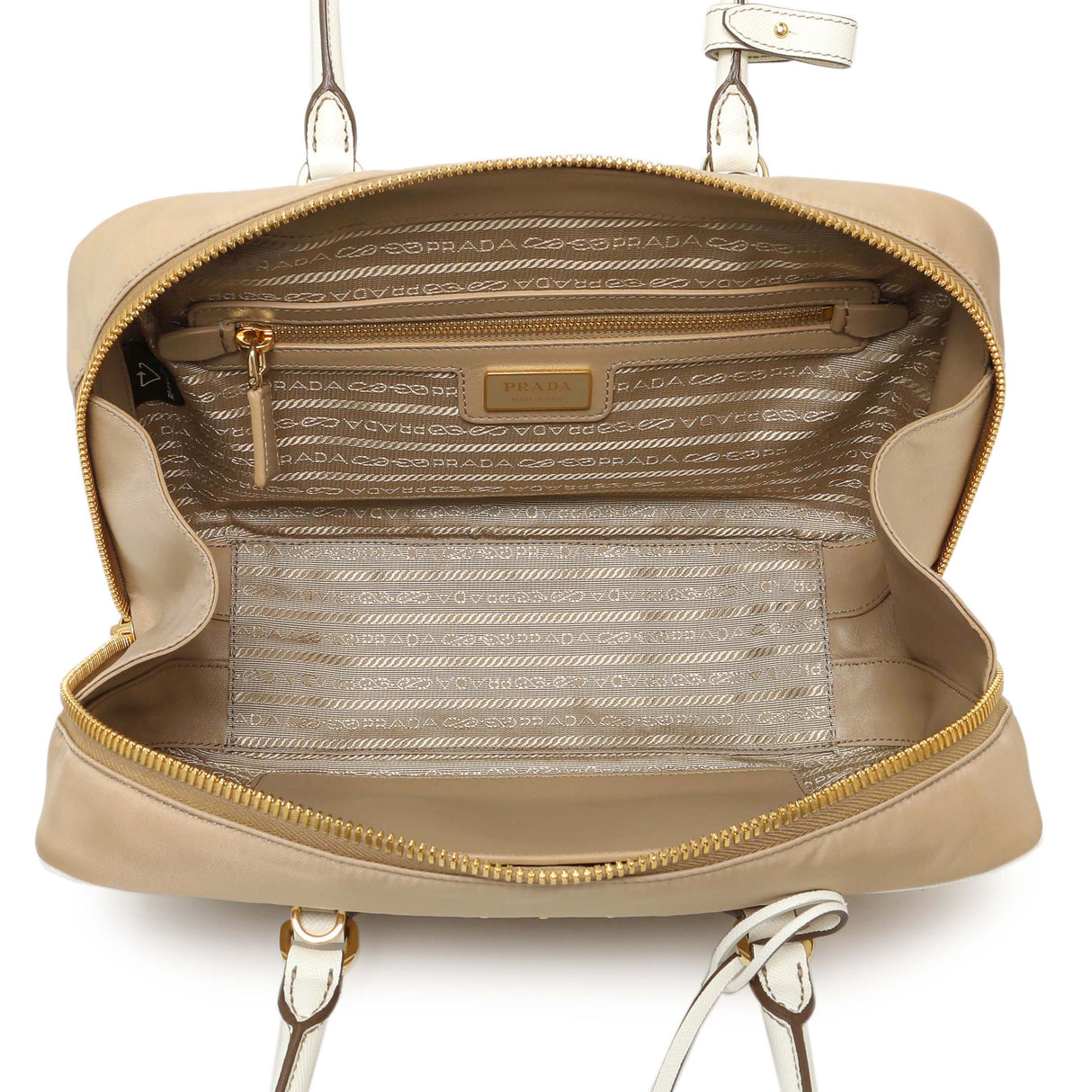 Prada Camel White Re-Nylon Saffiano Medium Re-Edition 1978 Two Handle Bag Handbags Prada