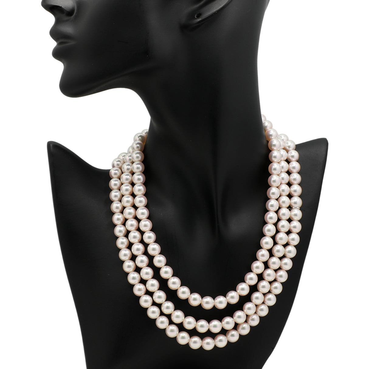Mikimoto 18K White Gold Diamond Pearl Triple Strand Necklace Designer Jewellery Mikimoto