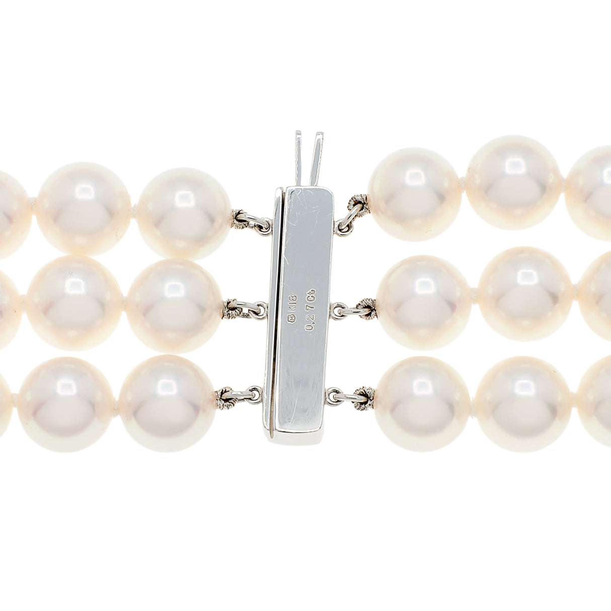 Mikimoto 18K White Gold Diamond Pearl Triple Strand Necklace Designer Jewellery Mikimoto