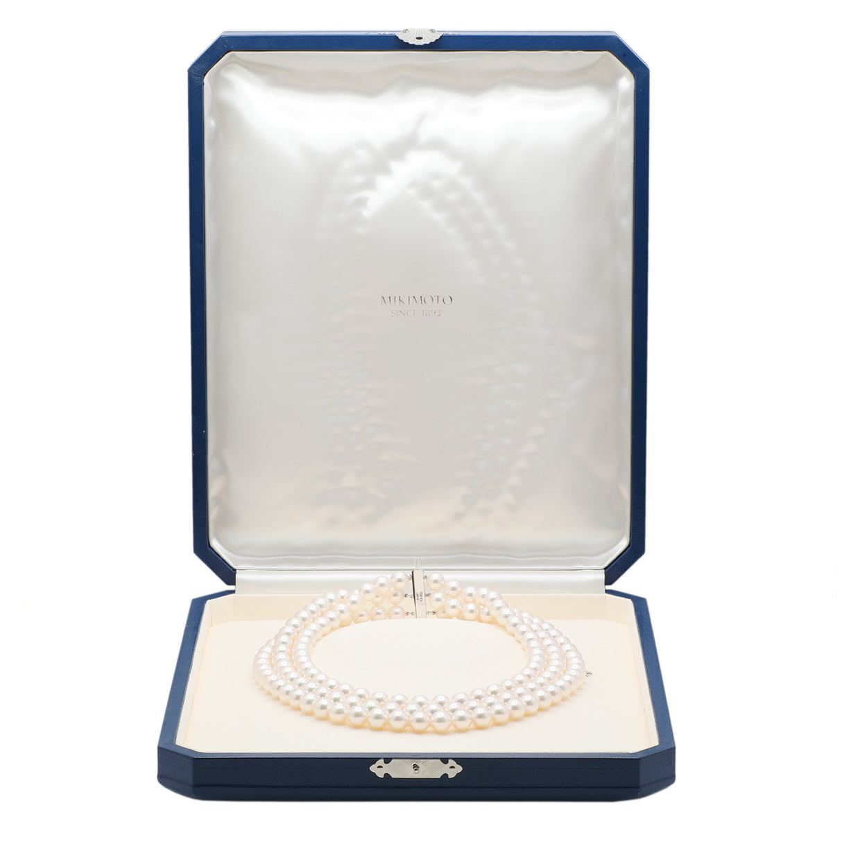 Mikimoto 18K White Gold Diamond Pearl Triple Strand Necklace Designer Jewellery Mikimoto