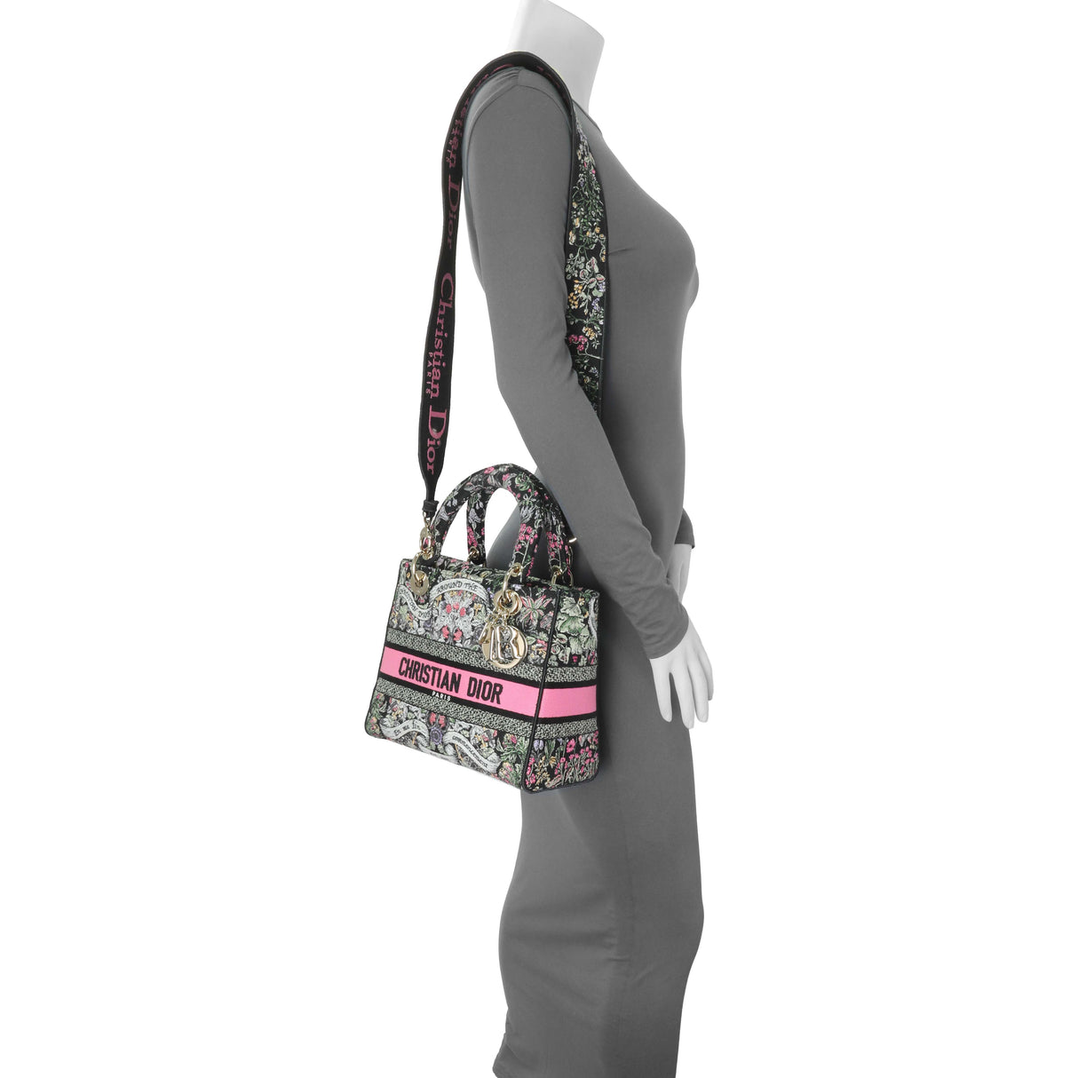 Christian Dior Black Pink Embroidered Medium Lady D-Lite Handbags Christian Dior