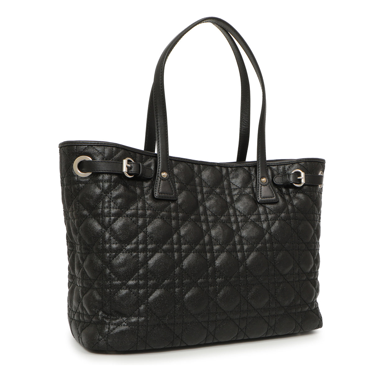 Christian Dior Black Coated Canvas Cannage Small Panarea Tote Handbags Christian Dior