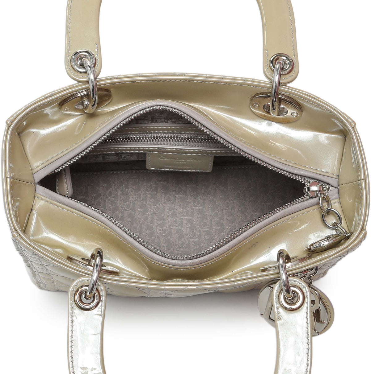 Christian Dior Metallic Grey Patent Cannage Medium Lady Dior Handbags Christian Dior