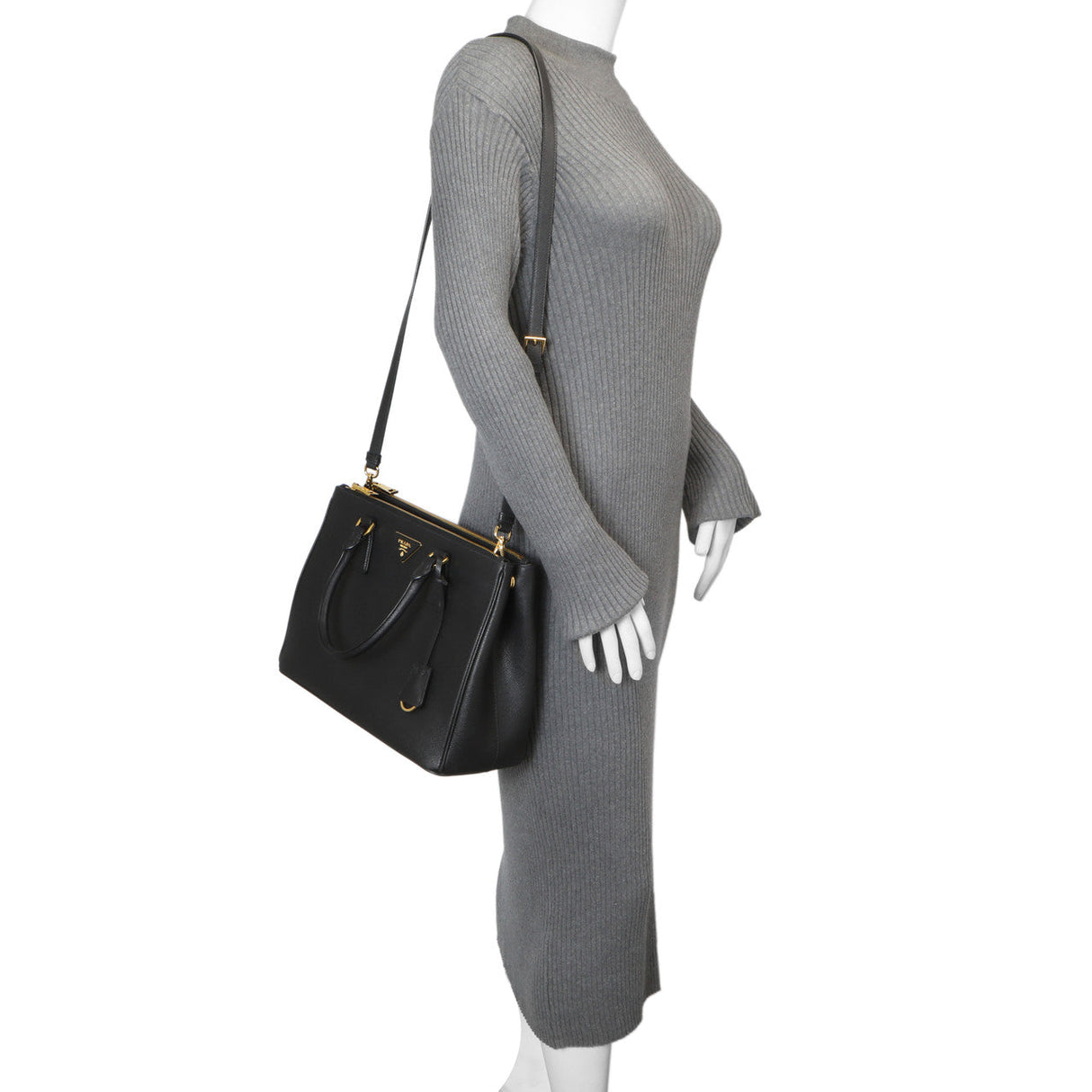 Prada Black Saffiano Medium Galleria Double Zip Tote Handbags Prada