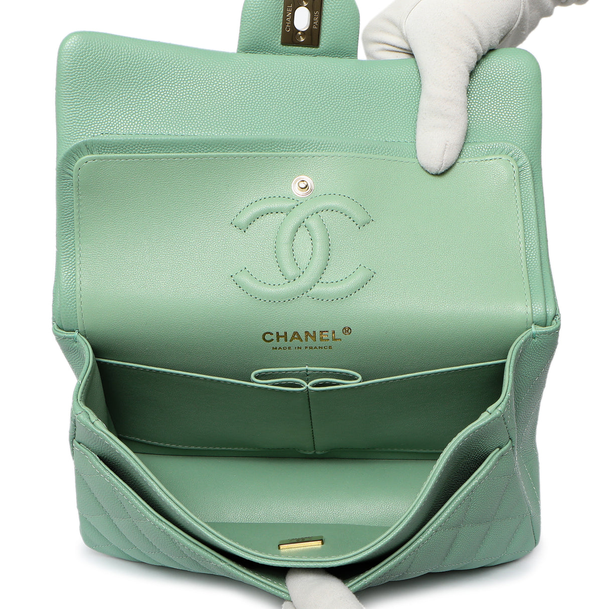 Chanel Green Quilted Caviar Small Classic Double Flap Handbags Chanel