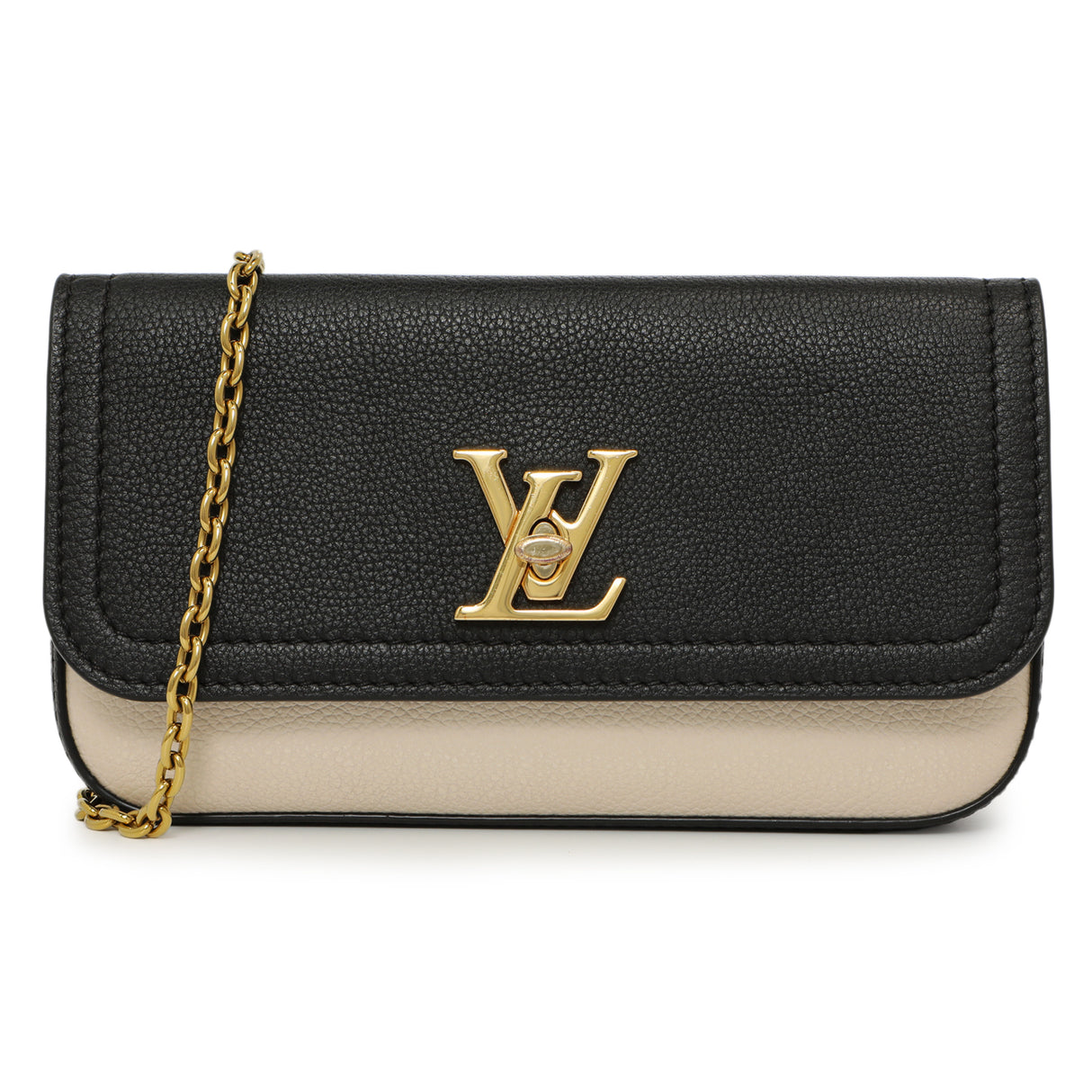 Louis Vuitton Black Grained Calfskin Lockme Chain Phone Pouch Handbags Louis Vuitton