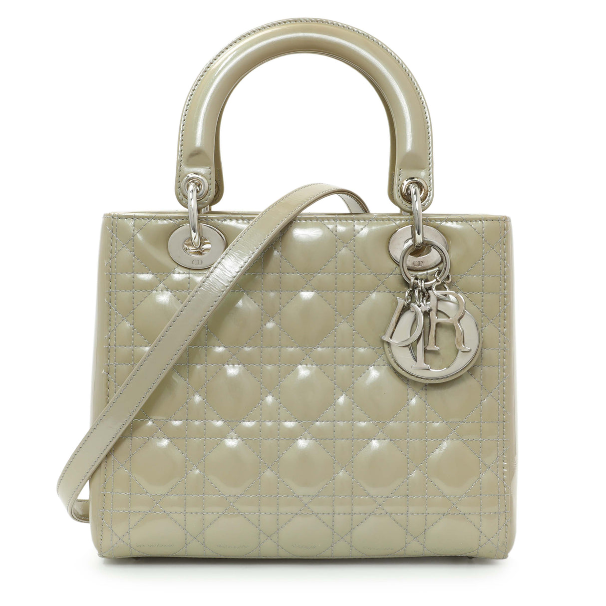 Christian Dior Metallic Grey Patent Cannage Medium Lady Dior Handbags Christian Dior