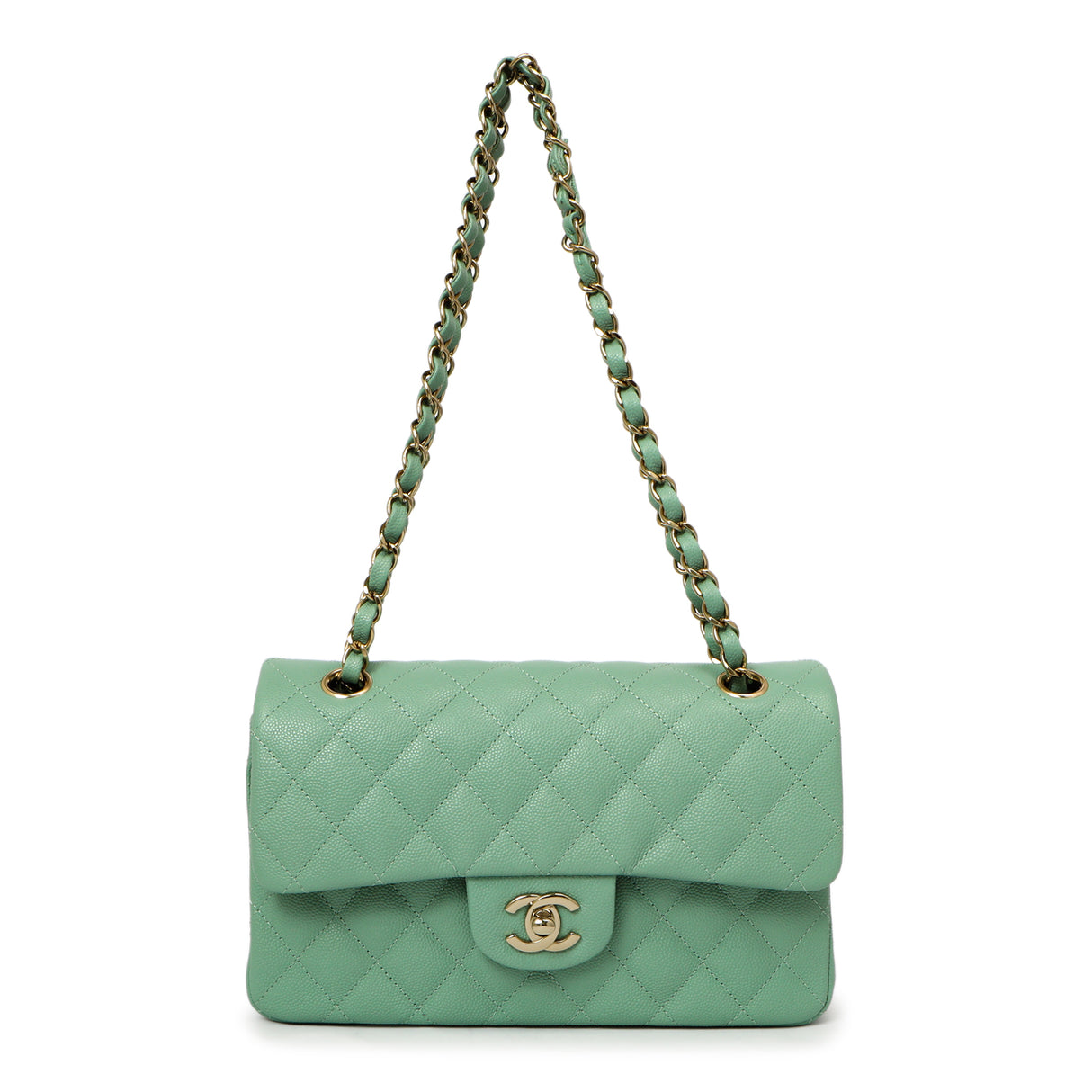 Chanel Green Quilted Caviar Small Classic Double Flap Handbags Chanel