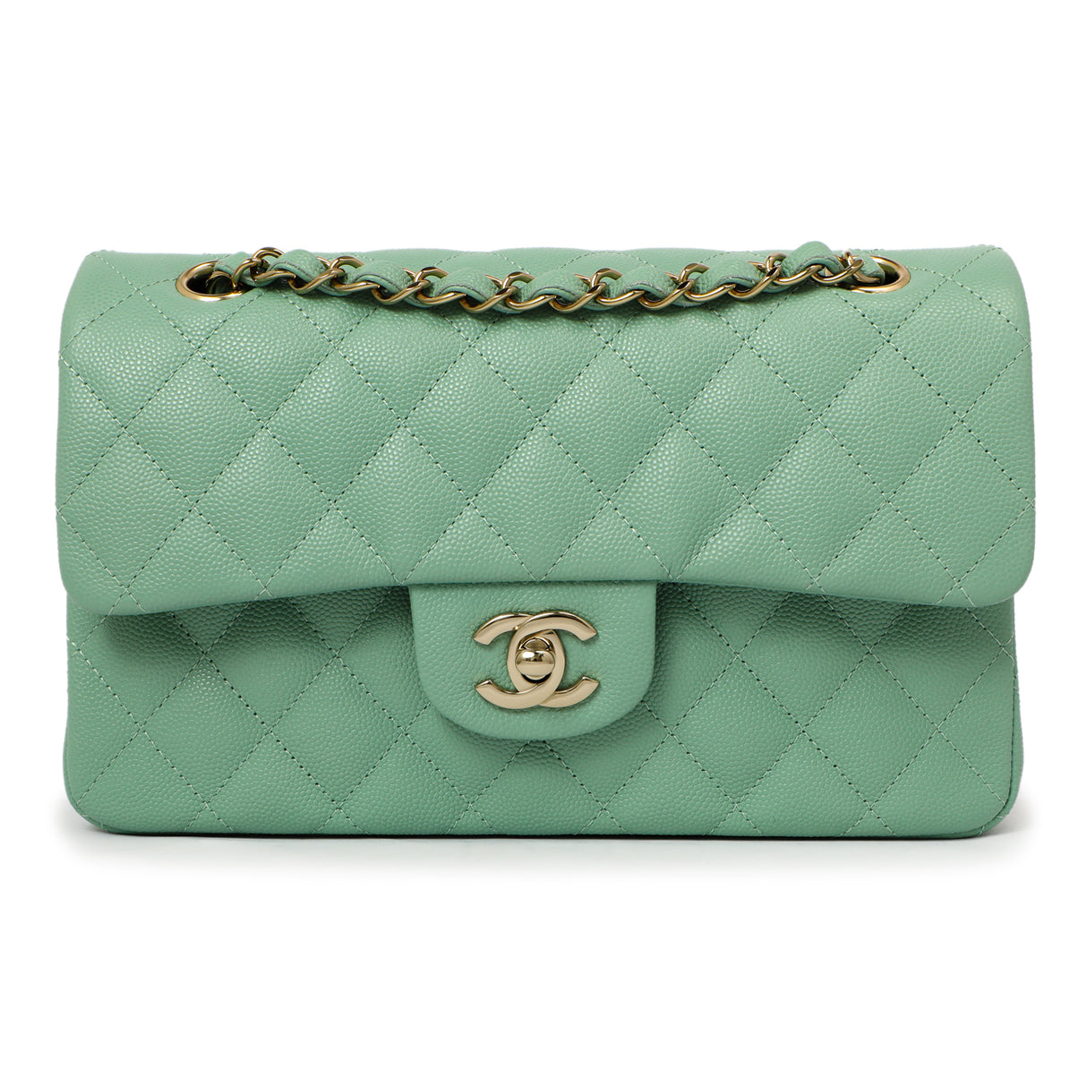 Chanel Green Quilted Caviar Small Classic Double Flap Handbags Chanel