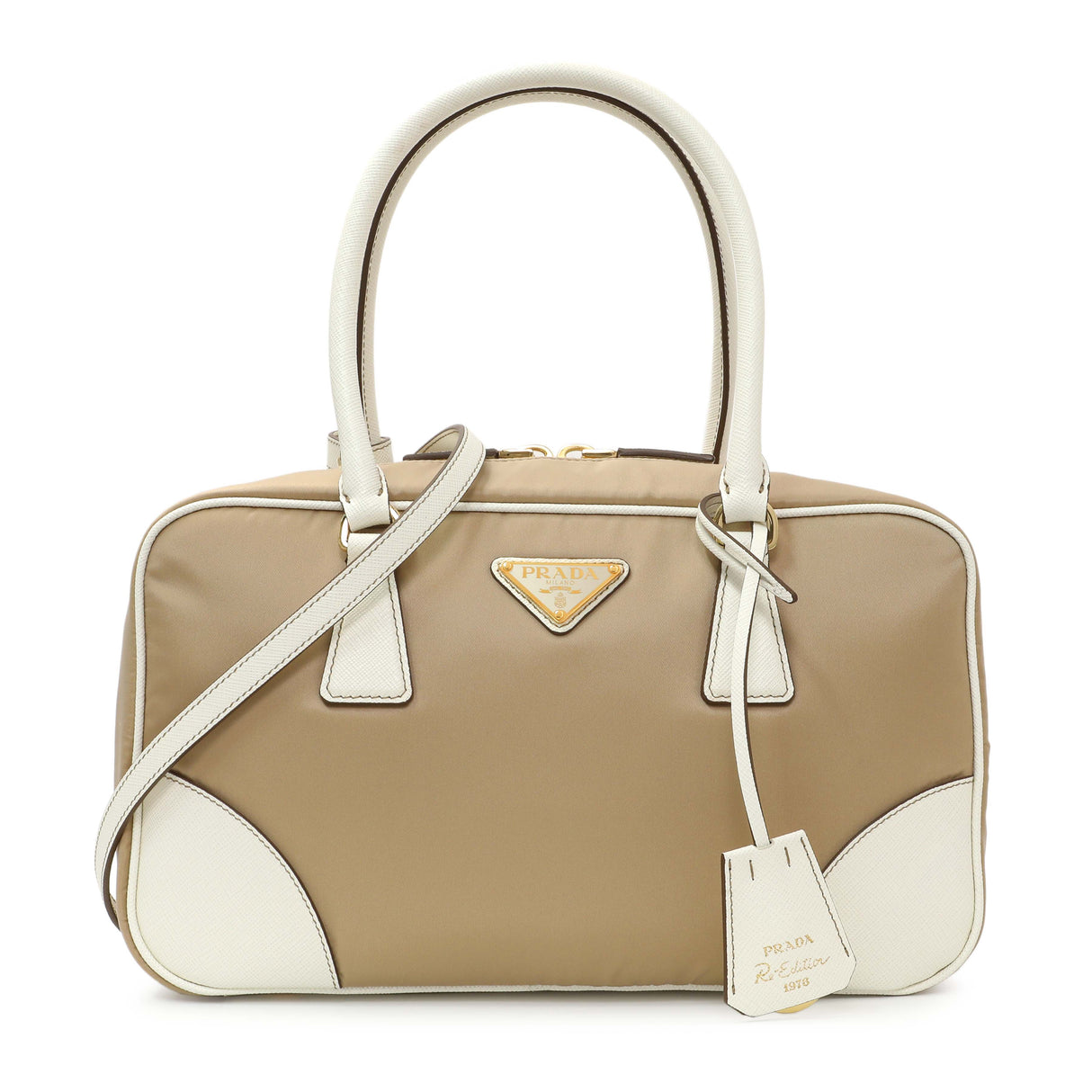 Prada Camel White Re-Nylon Saffiano Medium Re-Edition 1978 Two Handle Bag Handbags Prada