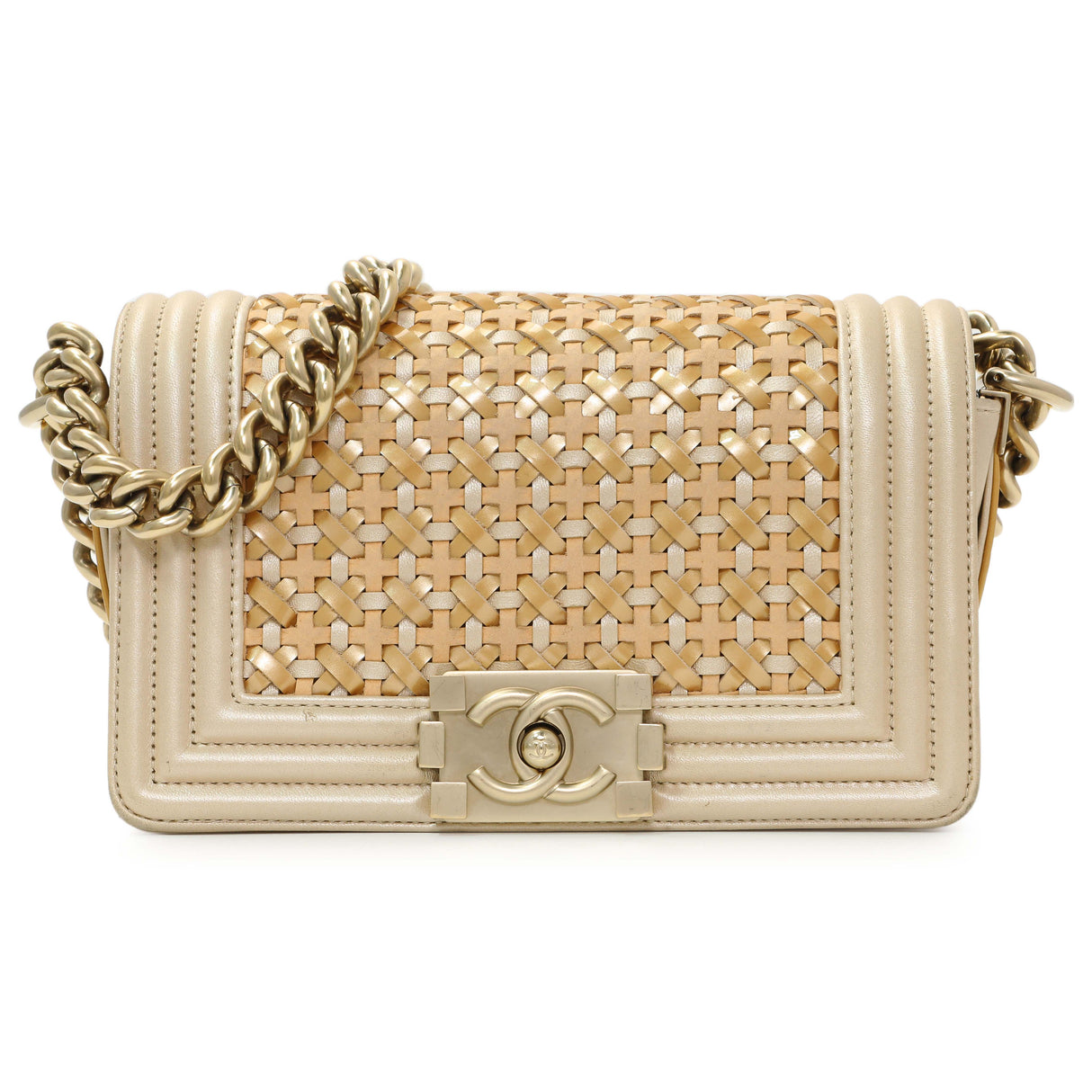 Chanel Champagne Braided Lambskin & Patent Small Boy Bag Handbags Chanel