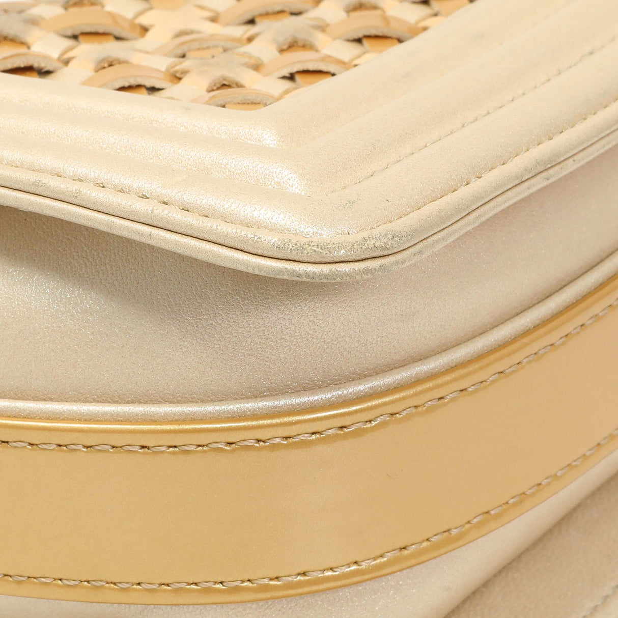 Chanel Champagne Braided Lambskin & Patent Small Boy Bag Handbags Chanel