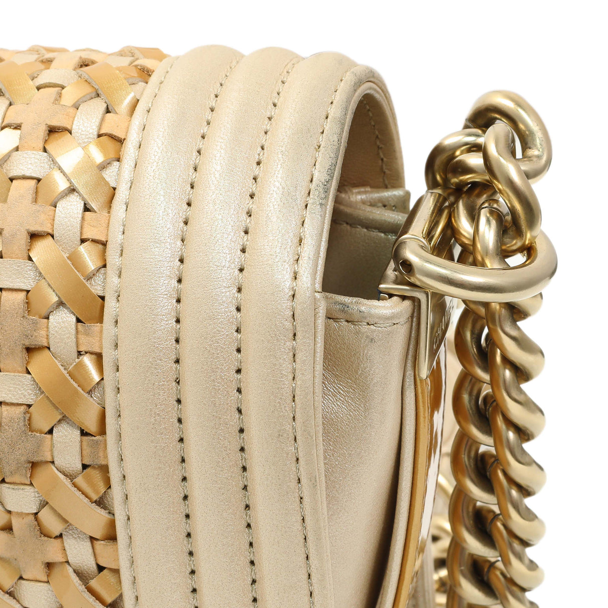 Chanel Champagne Braided Lambskin & Patent Small Boy Bag Handbags Chanel