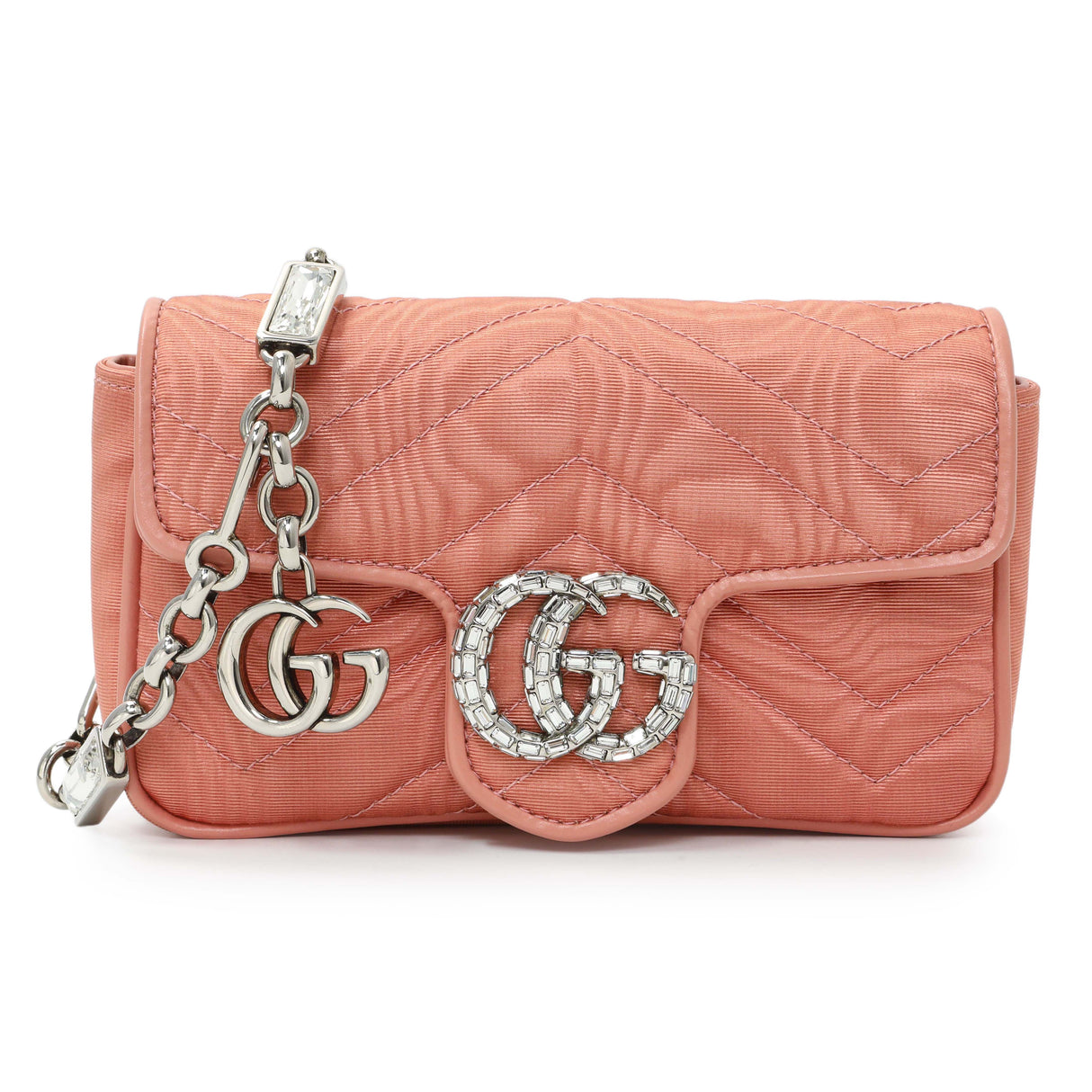 Gucci Blush Moire Fabric Mini GG Marmont Crystal Chain Belt Bag Handbags Gucci