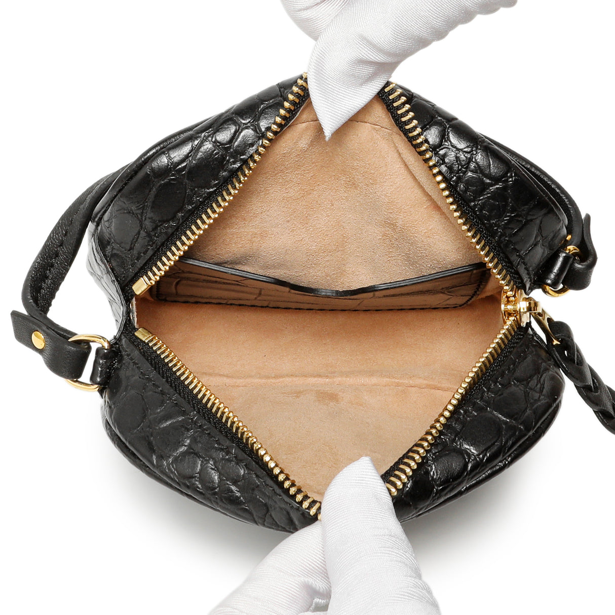 Alexander McQueen Black Calfskin Crocodile-Embossed Mini Camera Shoulder Bag Handbags Alexander McQueen