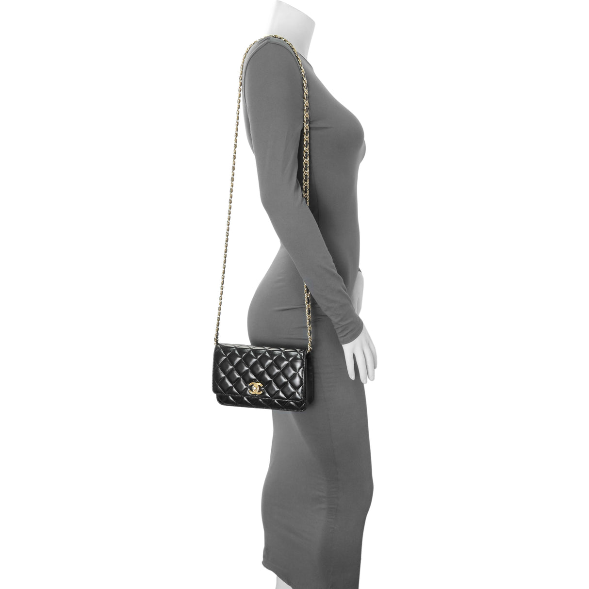 Chanel Black Quilted Shiny Lambskin Golden Links Wallet on Chain Handbags Chanel