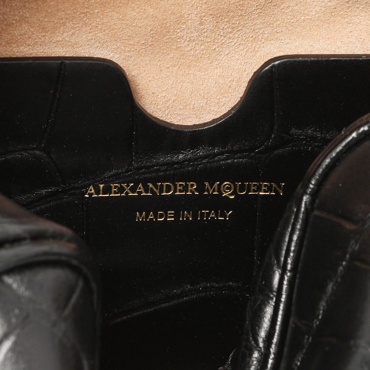 Alexander McQueen Black Calfskin Crocodile-Embossed Mini Camera Shoulder Bag Handbags Alexander McQueen