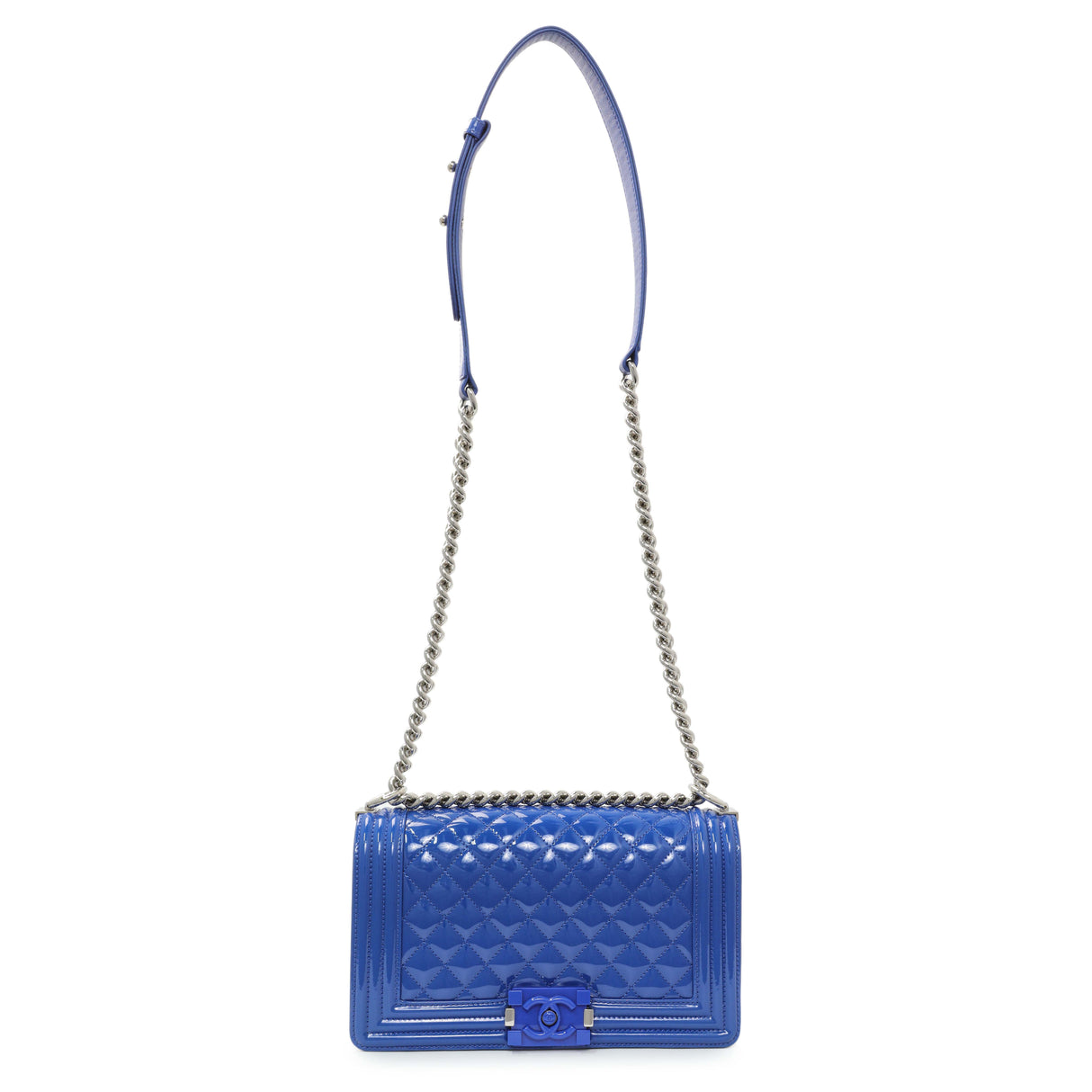 Chanel Blue Quilted Patent Medium Plexiglass Boy Flap Handbags Chanel