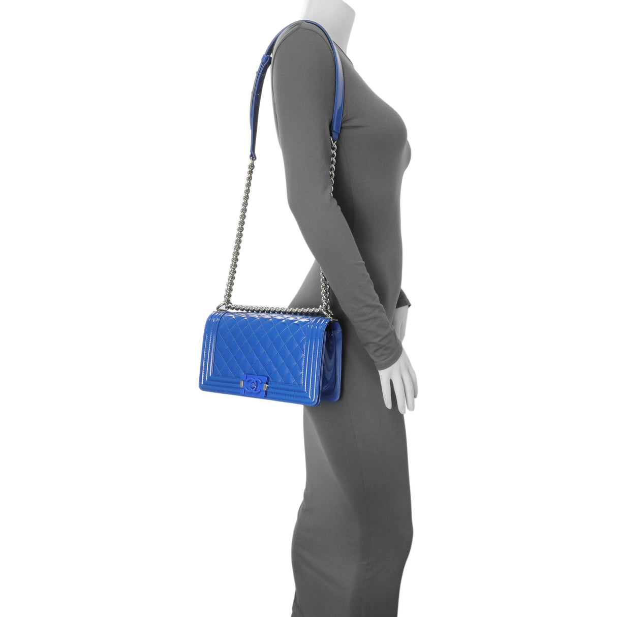Chanel Blue Quilted Patent Medium Plexiglass Boy Flap Handbags Chanel