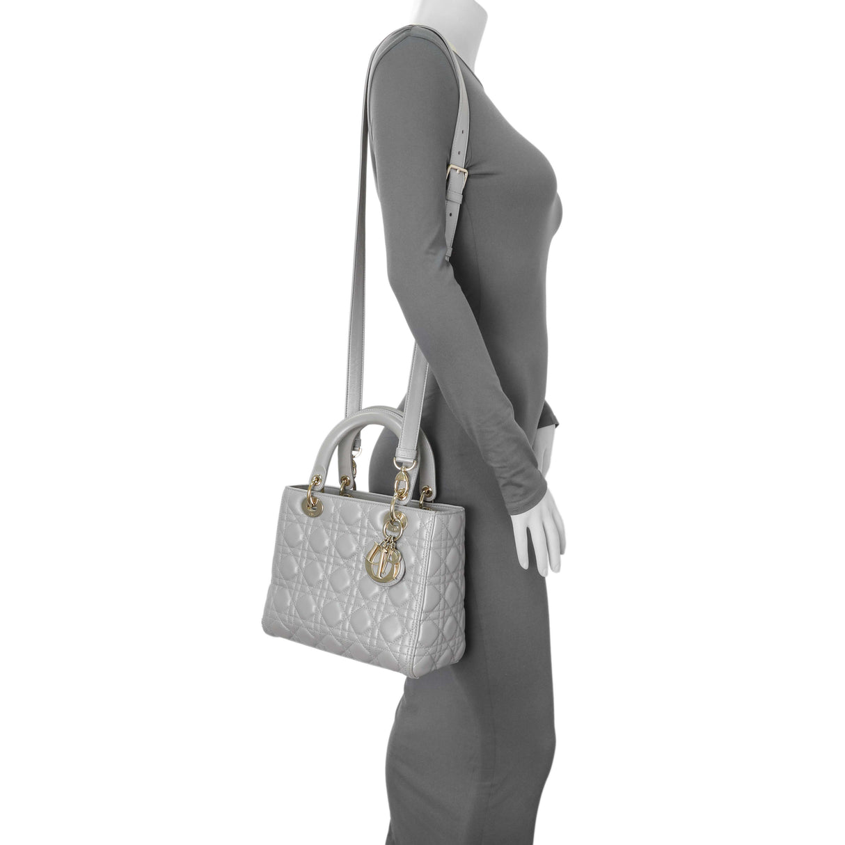 Christian Dior Grey Lambskin Cannage Medium Lady Dior Handbags Christian Dior