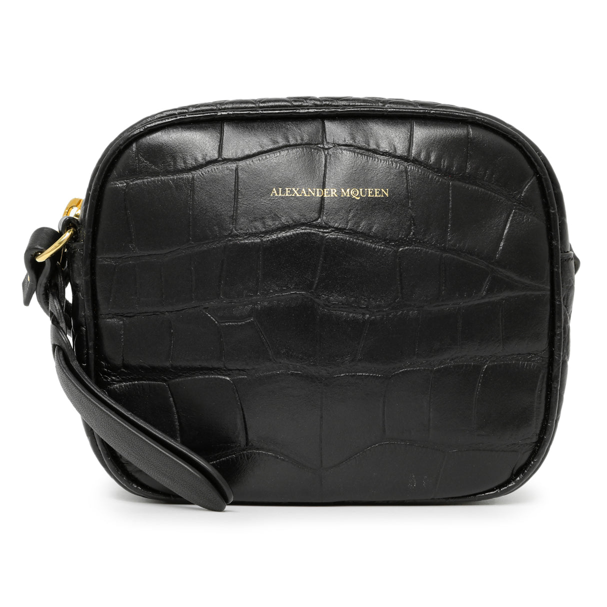 Alexander McQueen Black Calfskin Crocodile-Embossed Mini Camera Shoulder Bag Handbags Alexander McQueen