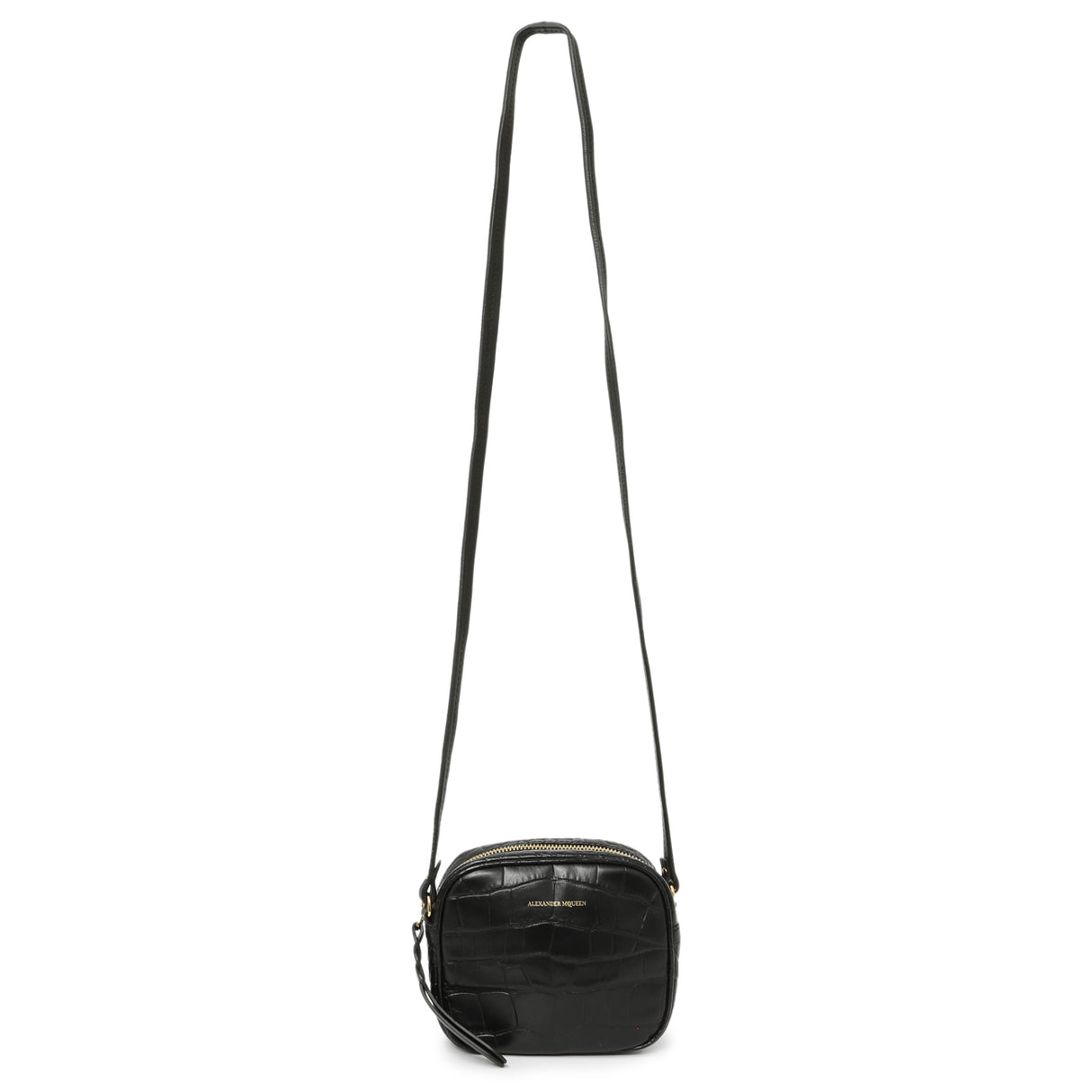 Alexander McQueen Black Calfskin Crocodile-Embossed Mini Camera Shoulder Bag Handbags Alexander McQueen