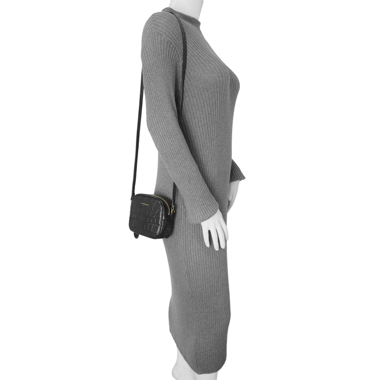 Alexander McQueen Black Calfskin Crocodile-Embossed Mini Camera Shoulder Bag Handbags Alexander McQueen