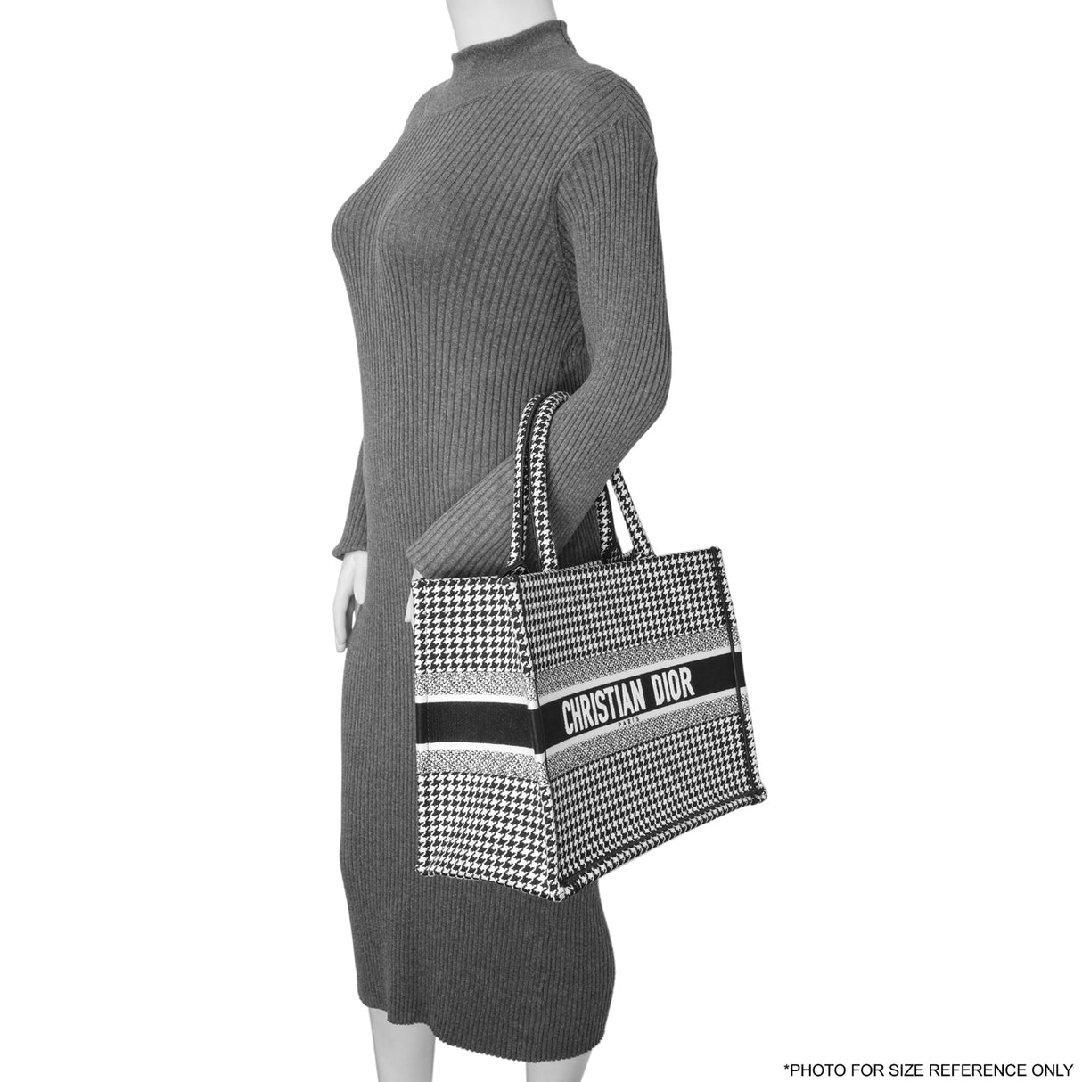 Christian Dior Black White Houndstooth Canvas Medium Book Tote Handbags Christian Dior
