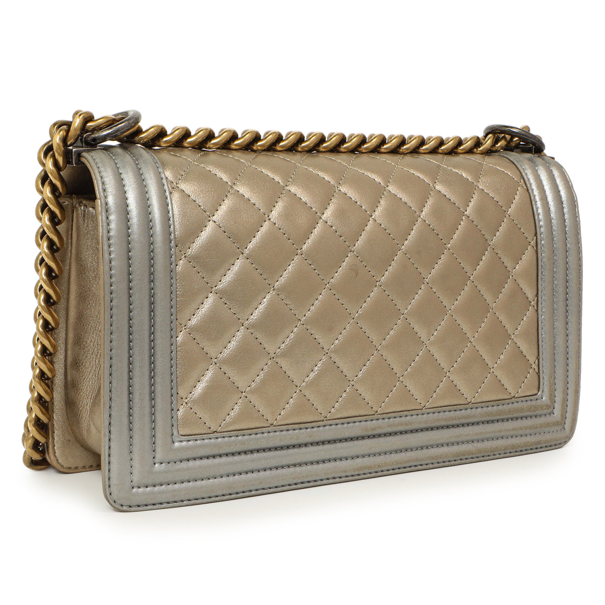 Chanel Silver Gold Quilted Calfskin Medium Boy Bag Handbags Chanel