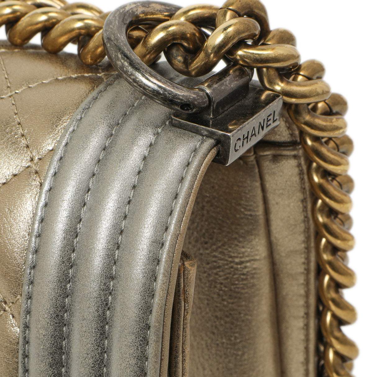 Chanel Silver Gold Quilted Calfskin Medium Boy Bag Handbags Chanel